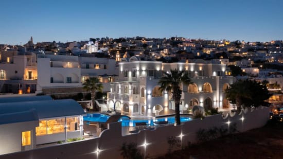 a building with lights on at night