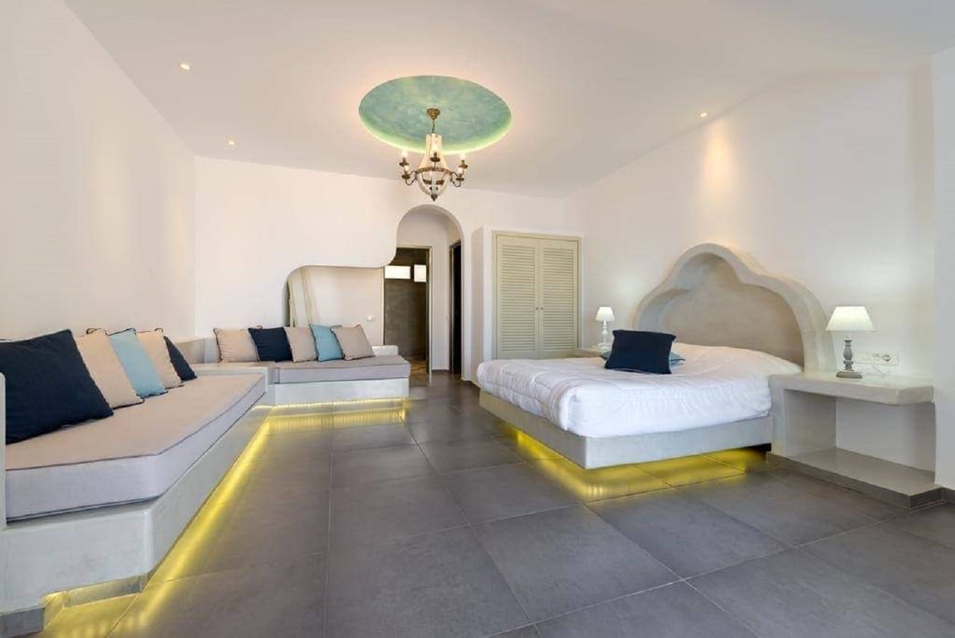 a hotel room with two beds