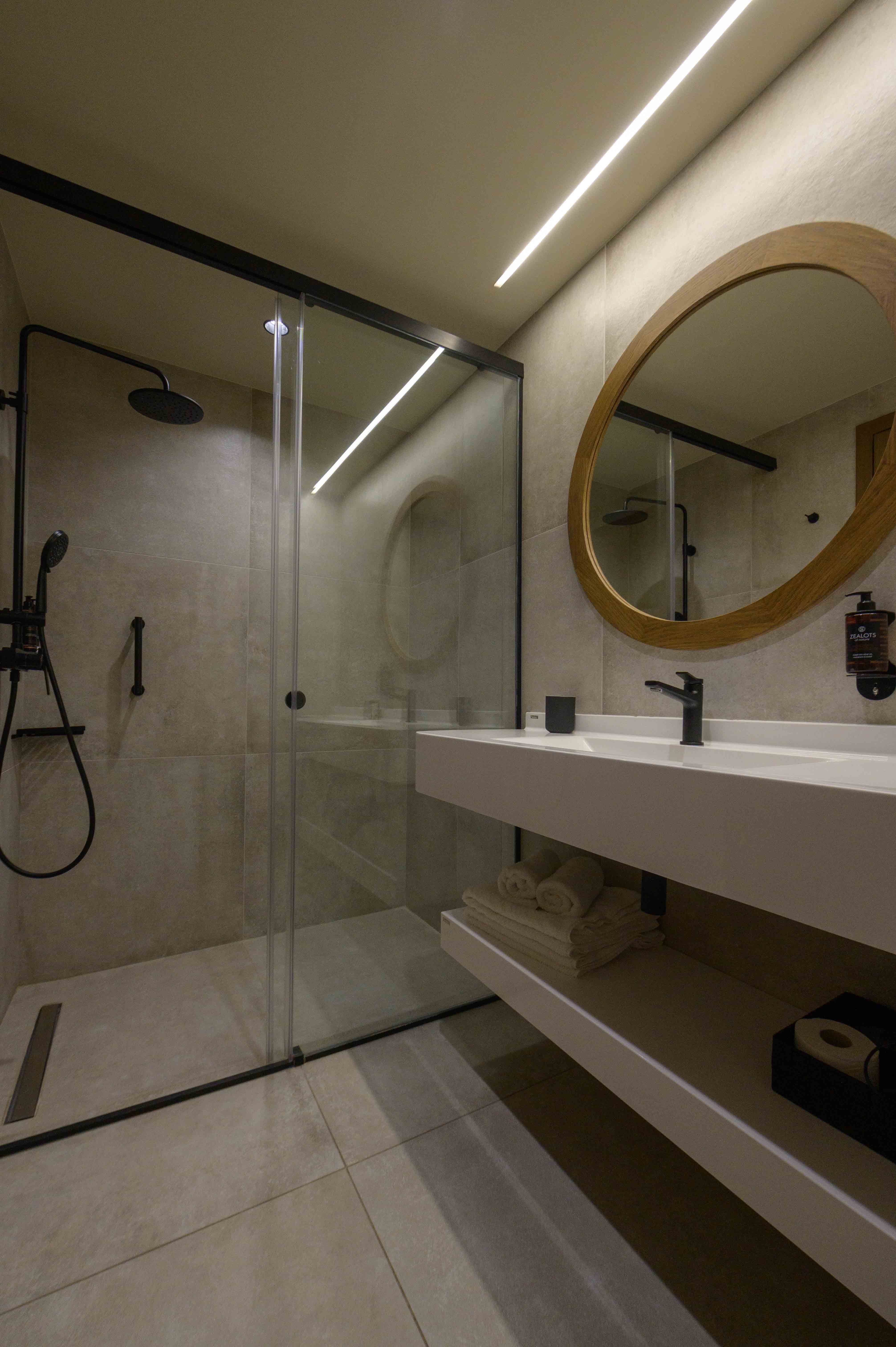 a bathroom with a glass shower