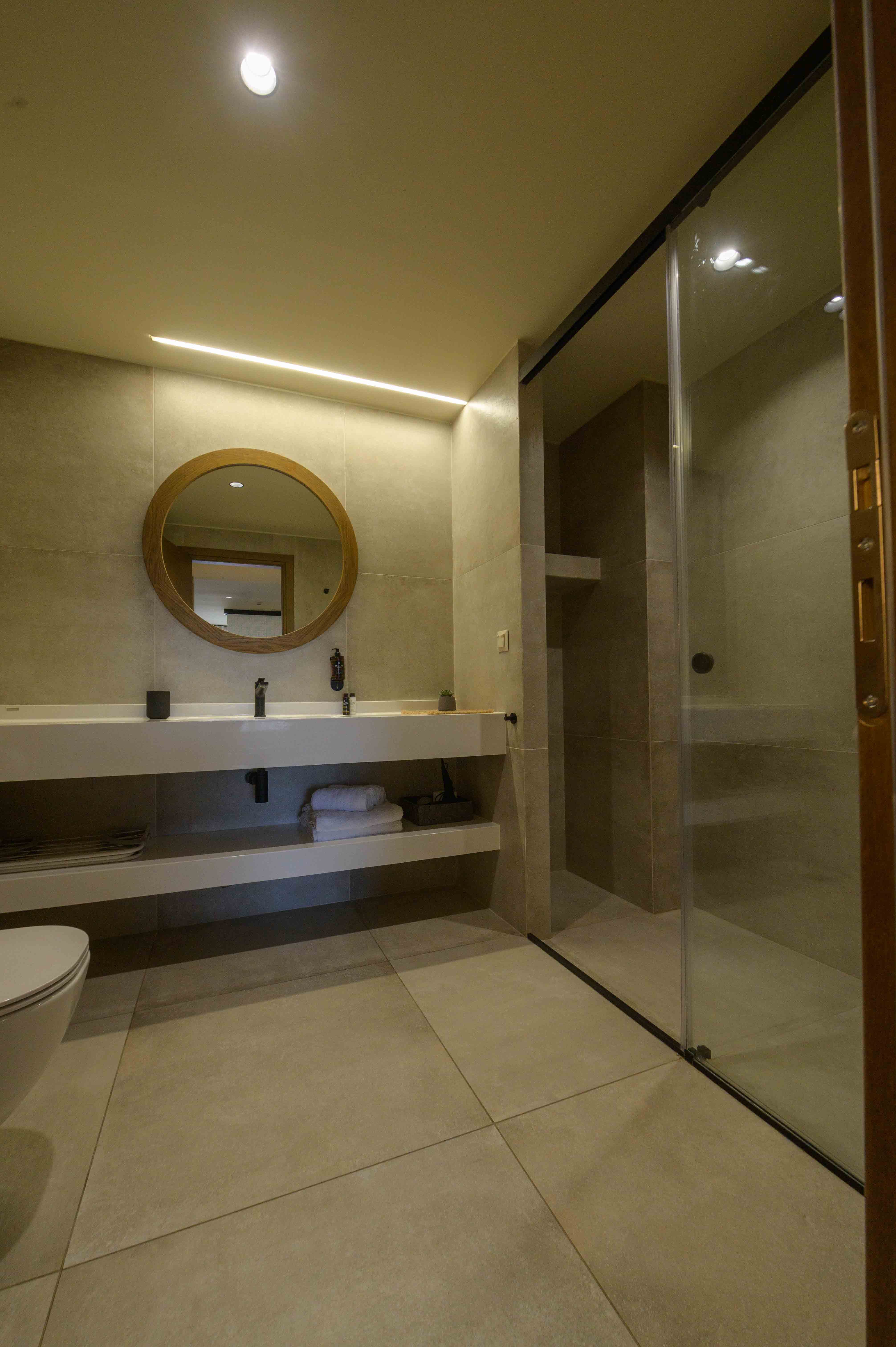 a bathroom with a glass shower