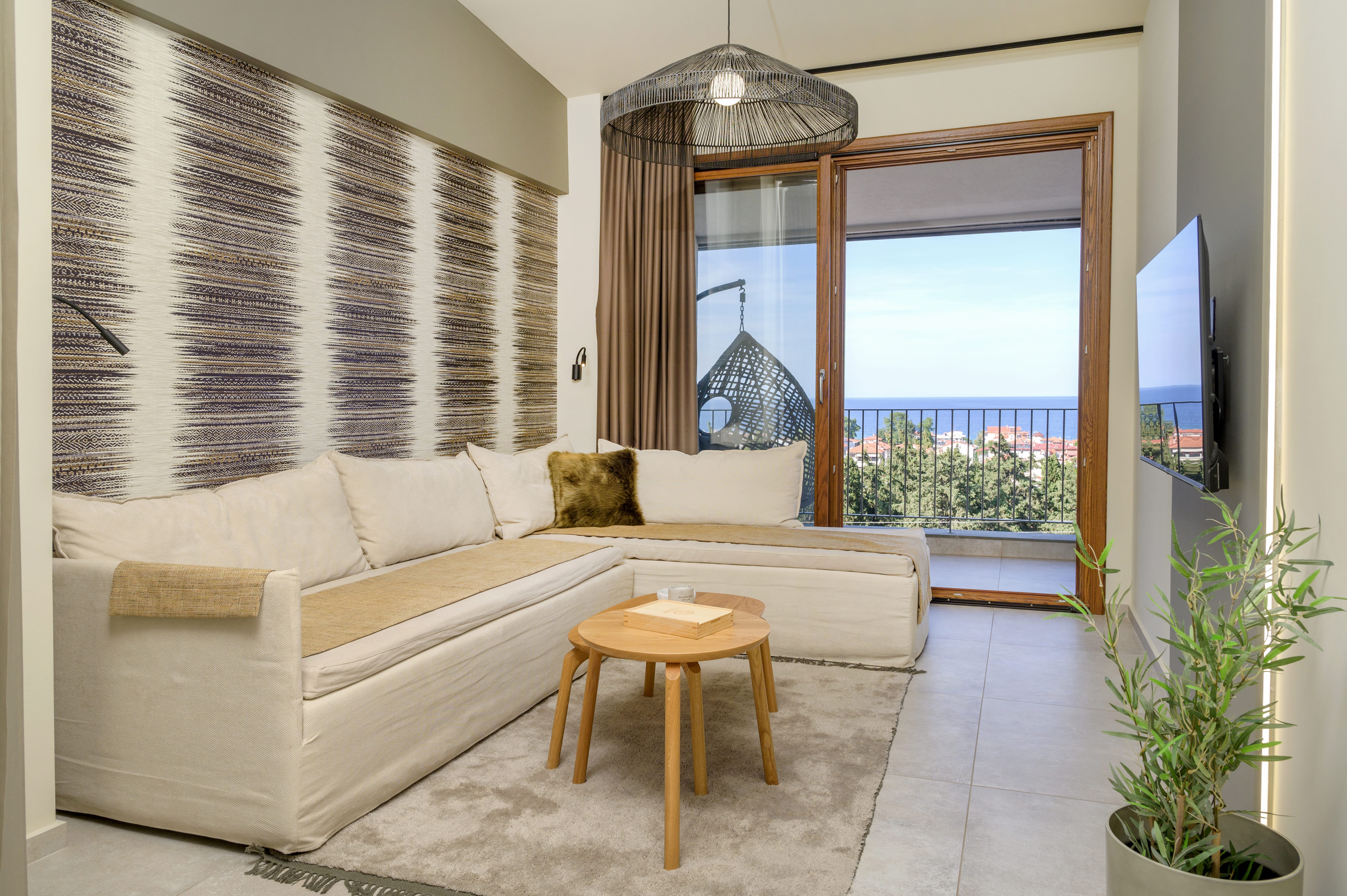 a living room with a large window