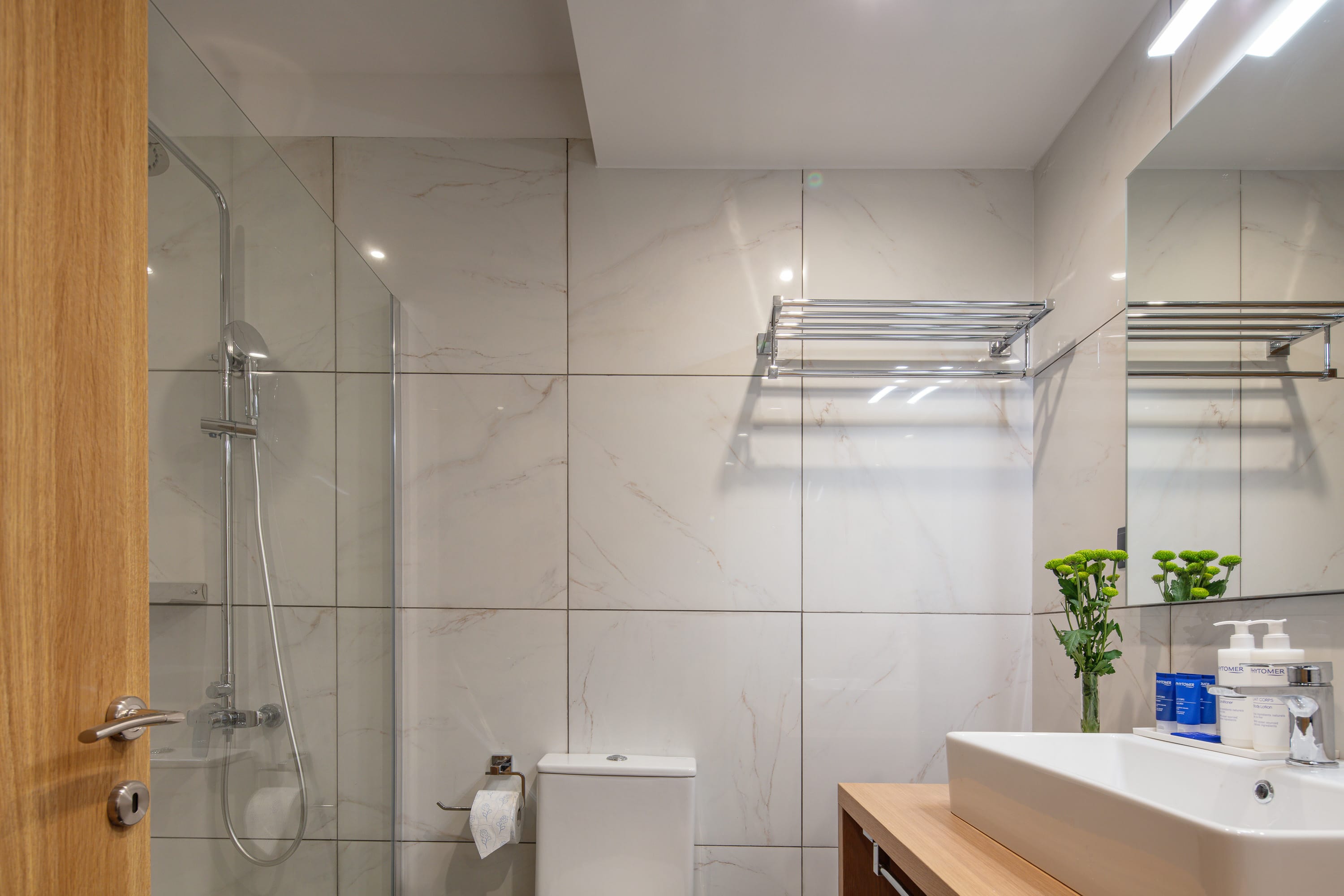 a bathroom with a glass shower
