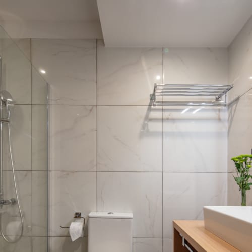 a bathroom with a glass shower