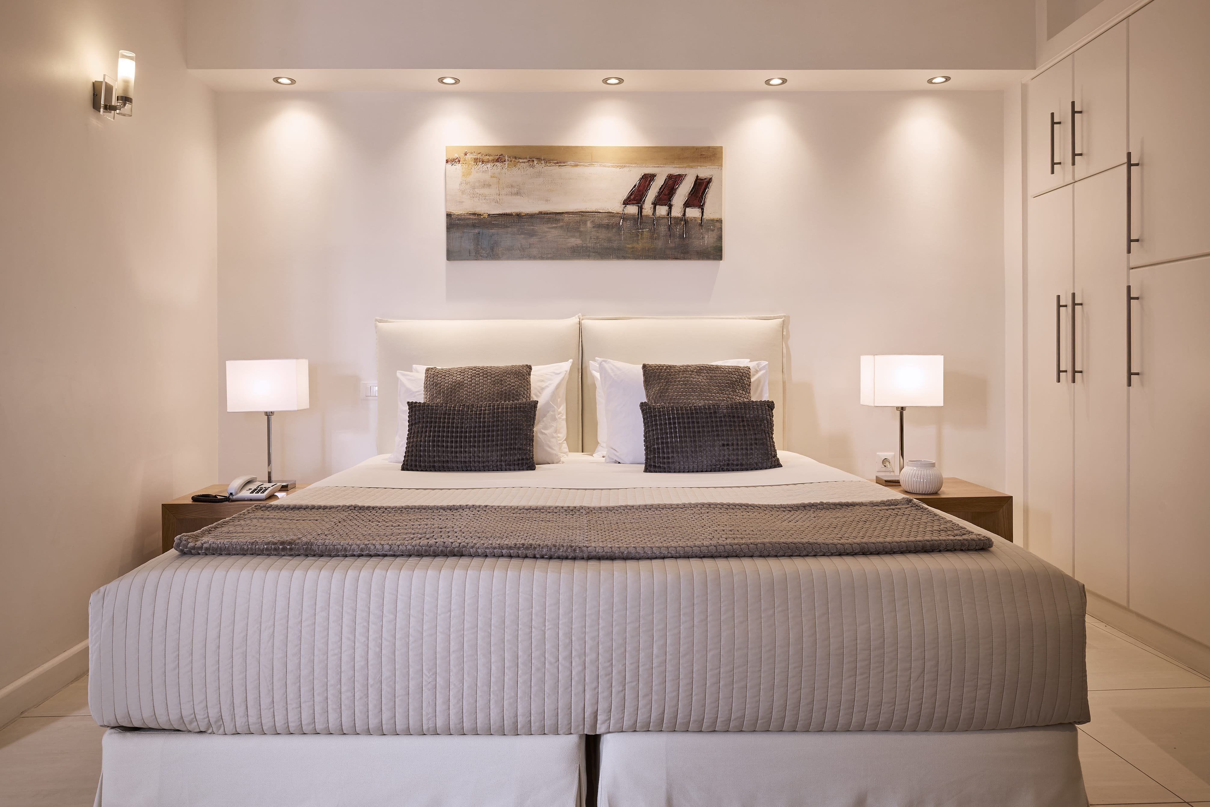 a hotel room with two beds