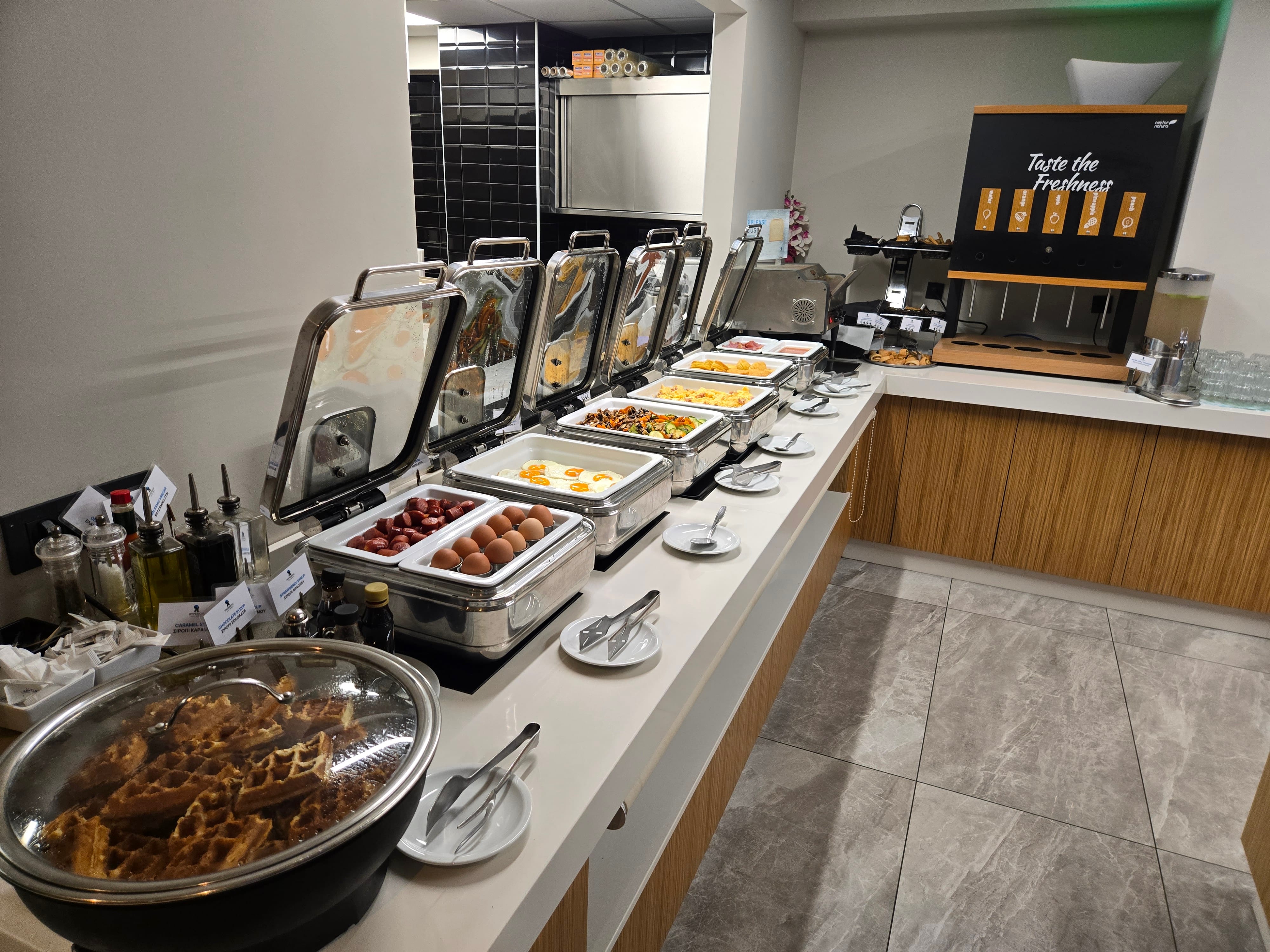 a buffet line of food