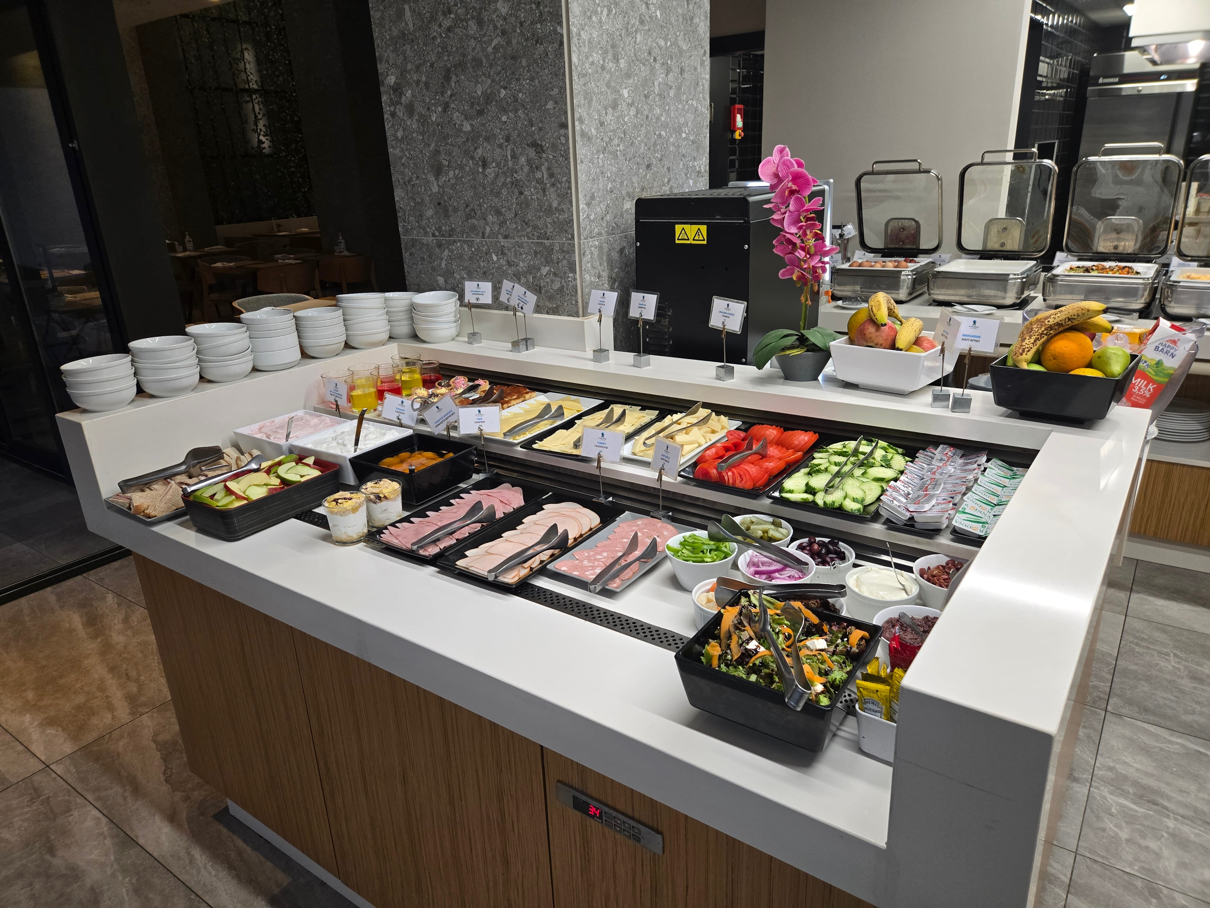 a buffet table with food on it