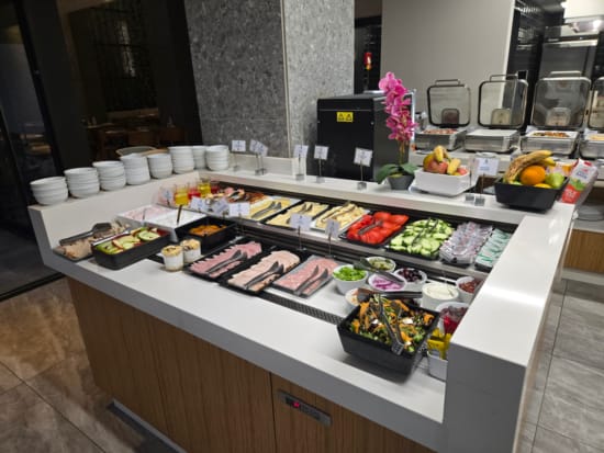 a buffet table with food on it