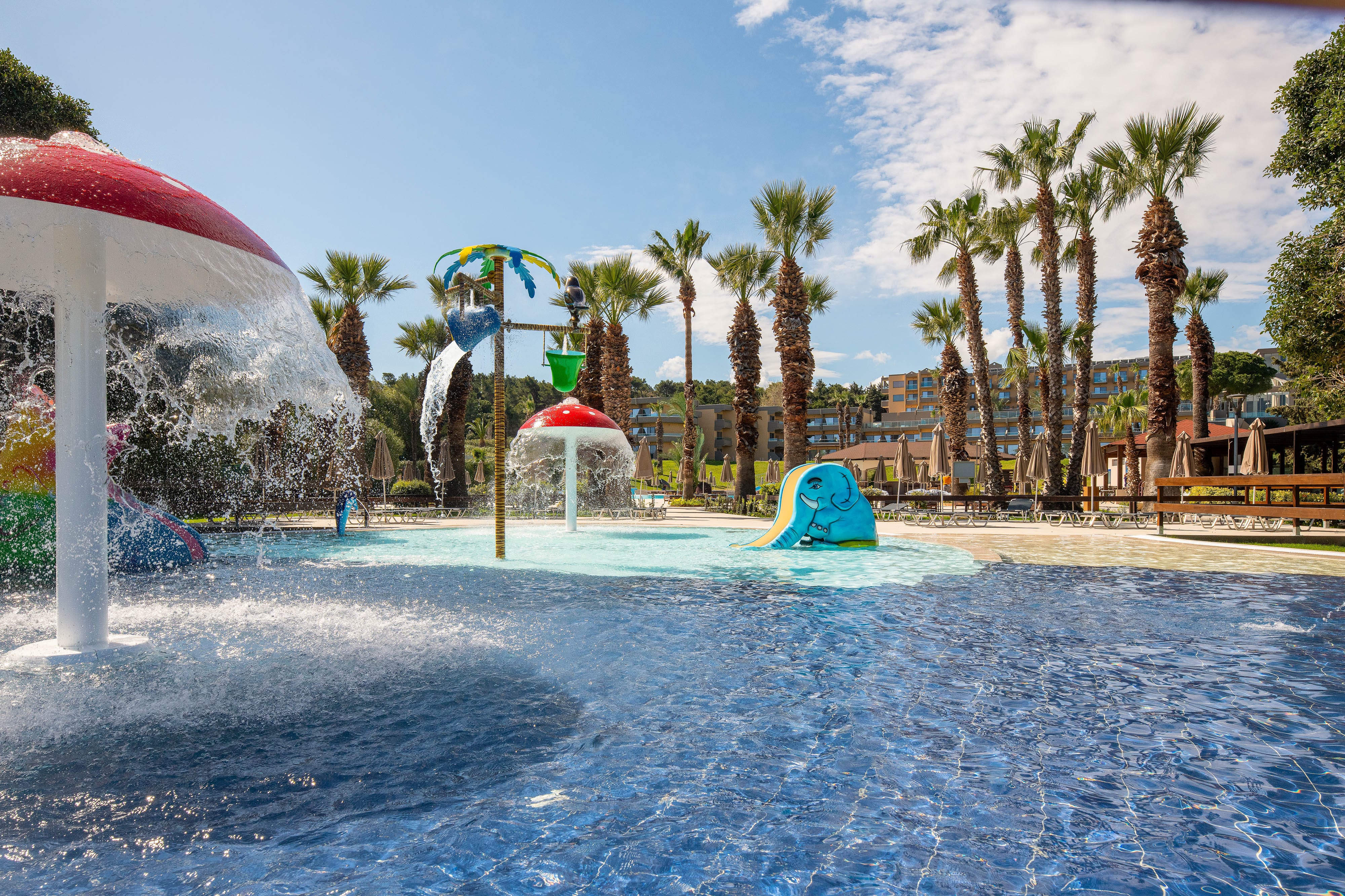 a pool with a slide in it