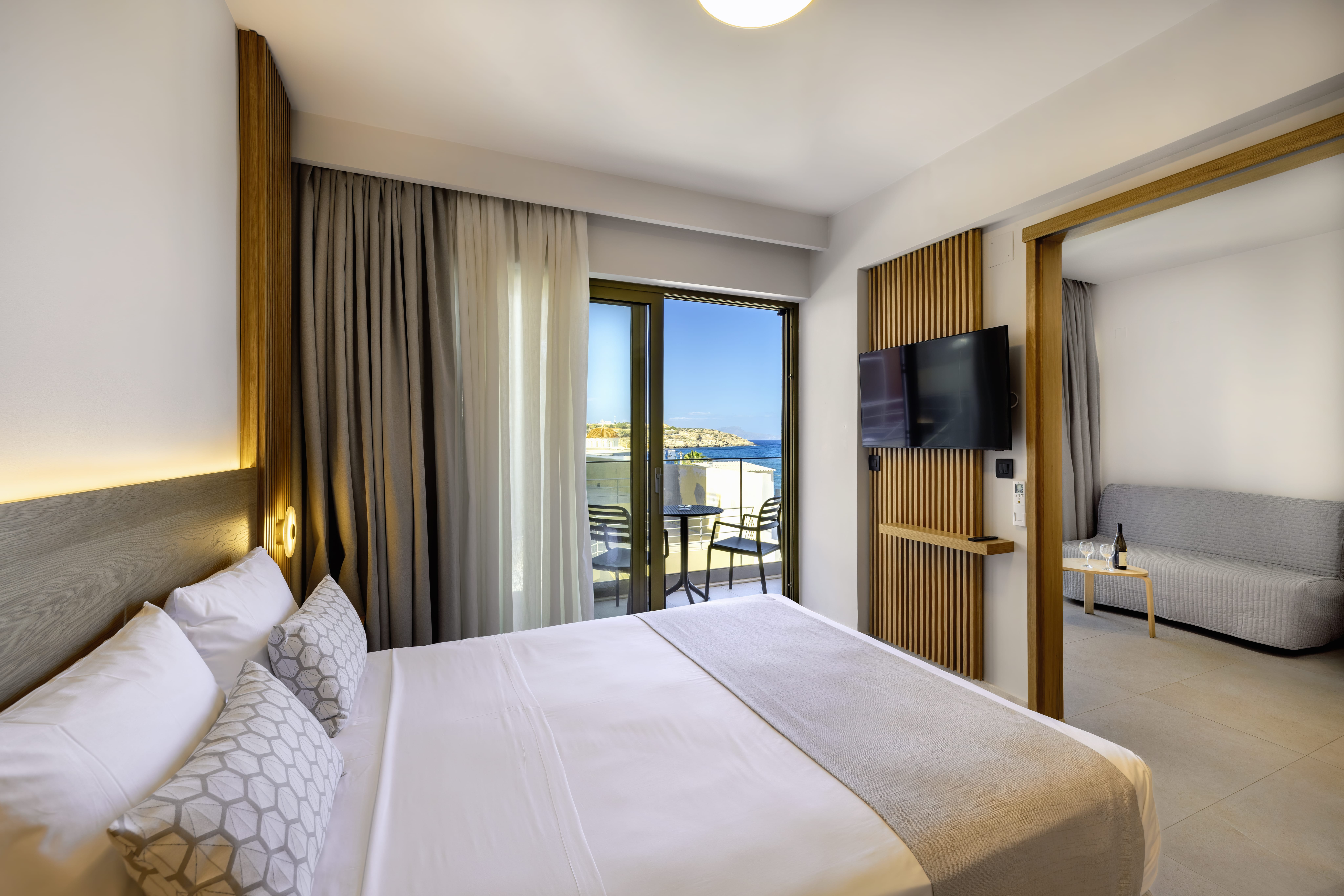 a hotel room with a large bed