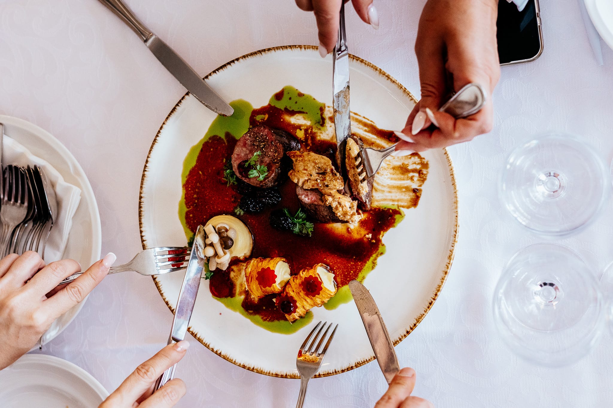 a group of people eating food