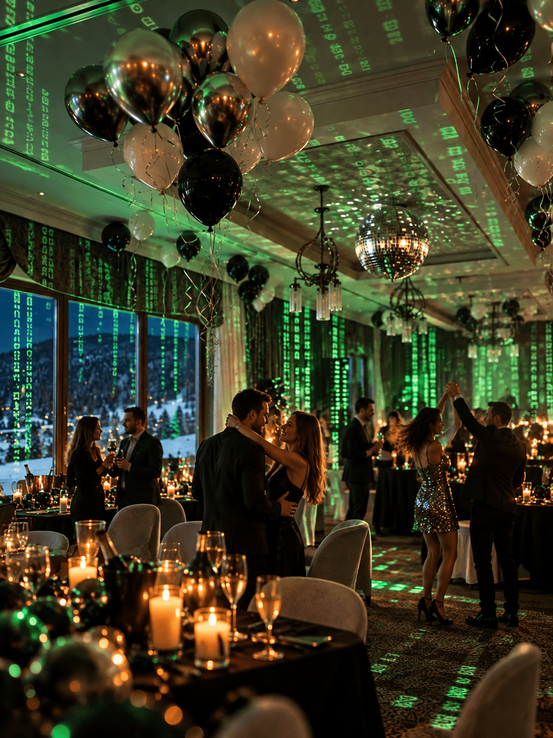 a group of people dancing in a room with balloons and lights