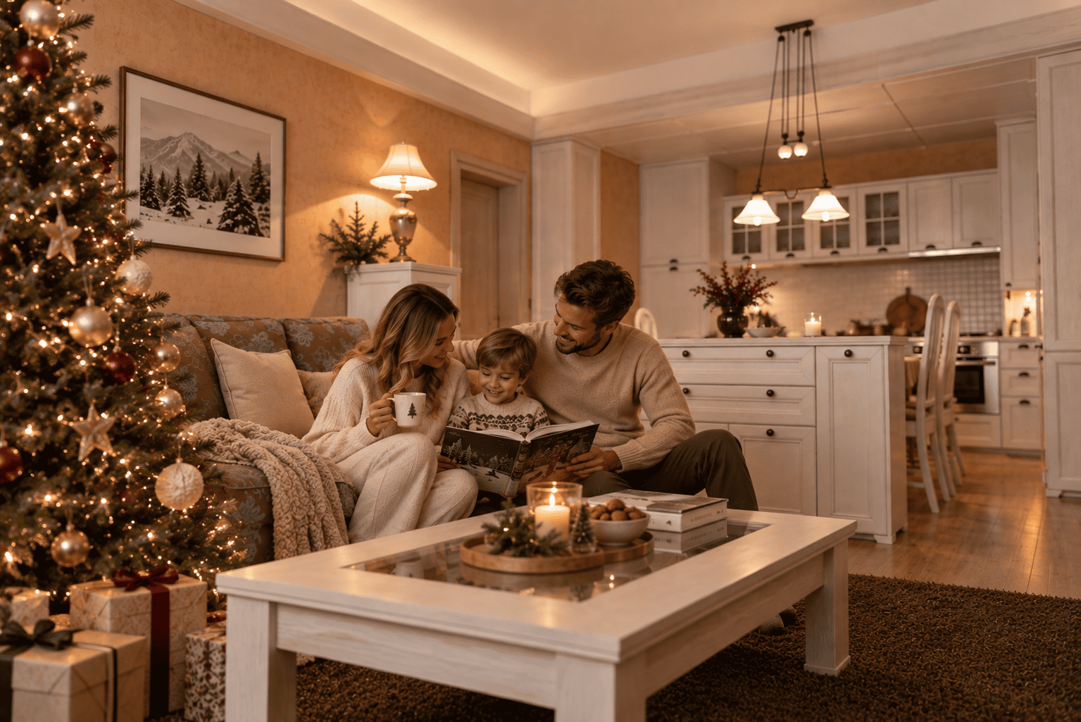 a family sitting on a couch reading a book