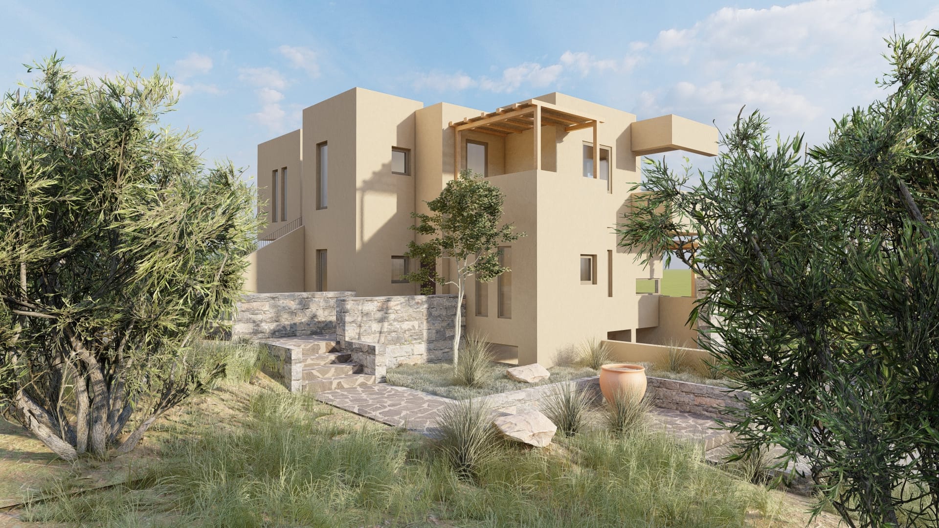 a large house with trees in front of it