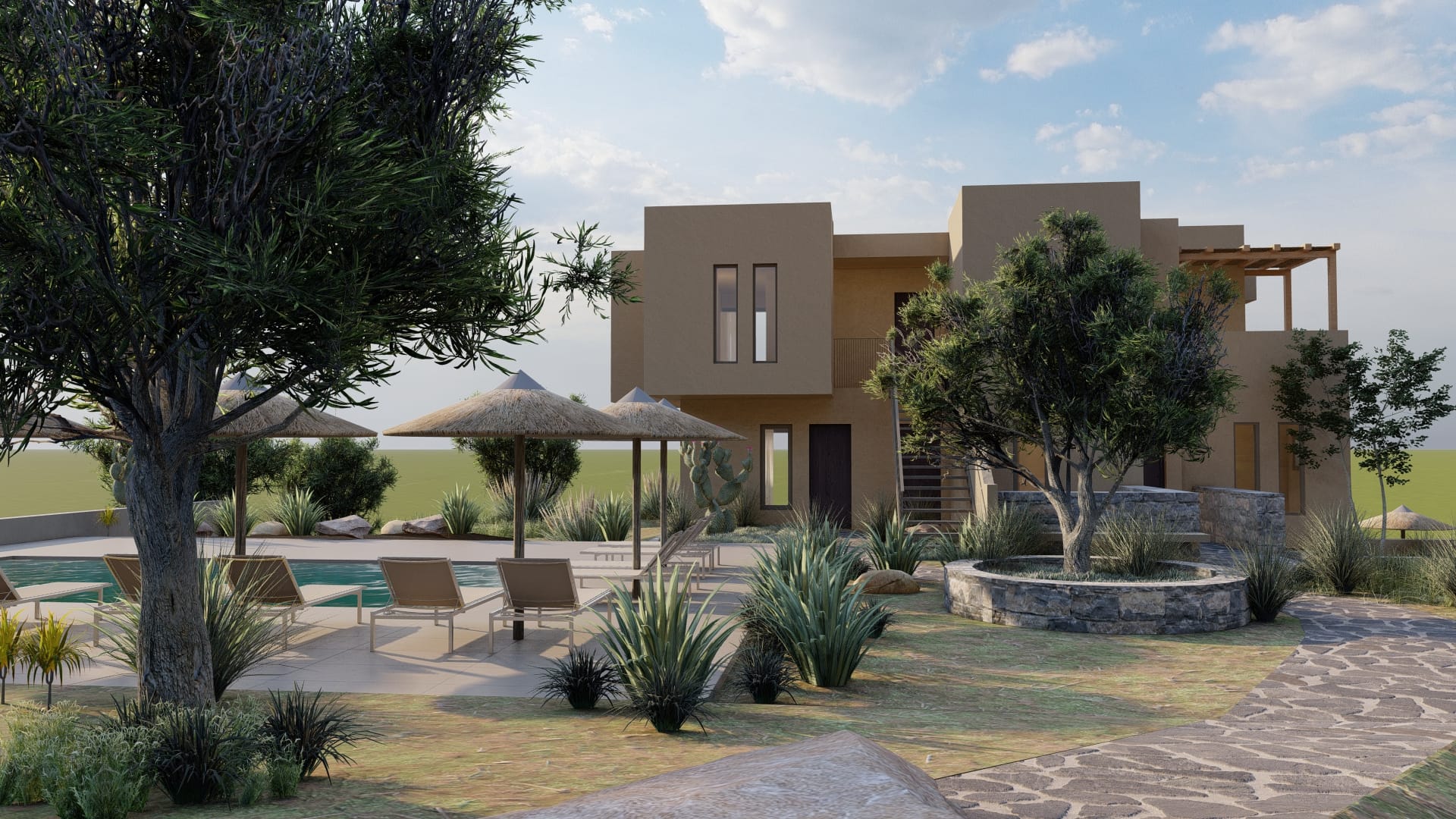 a building with a pool and chairs