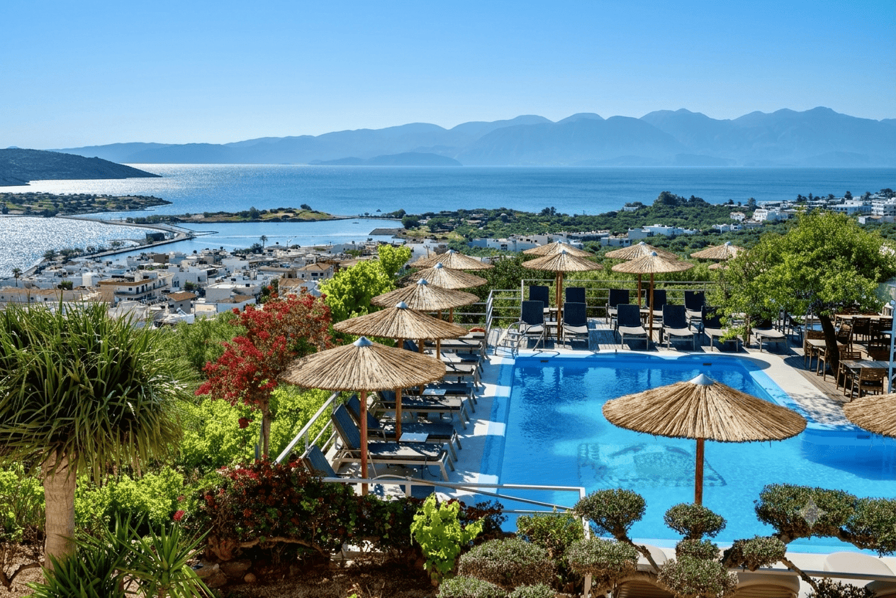 a pool with umbrellas and chairs in a resort