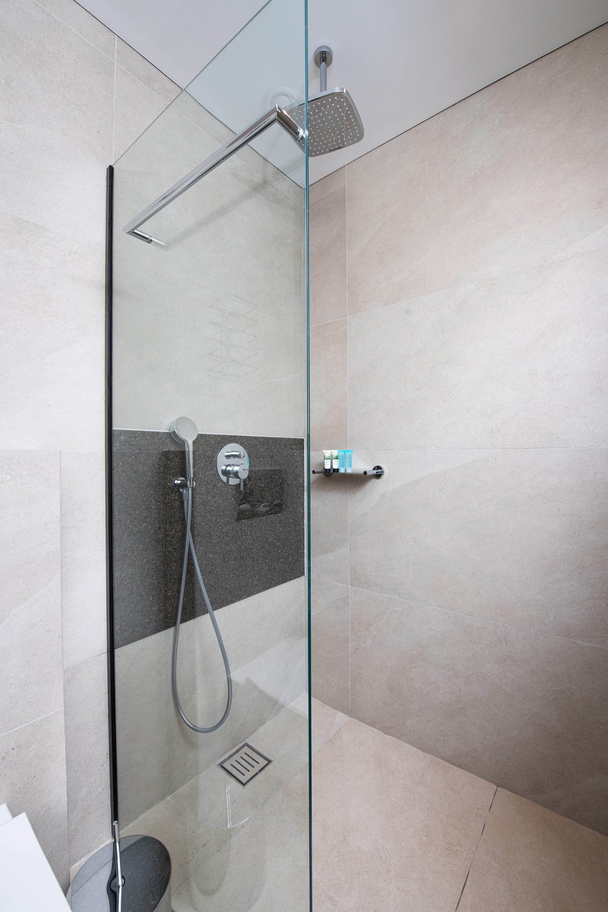 a shower with a glass door