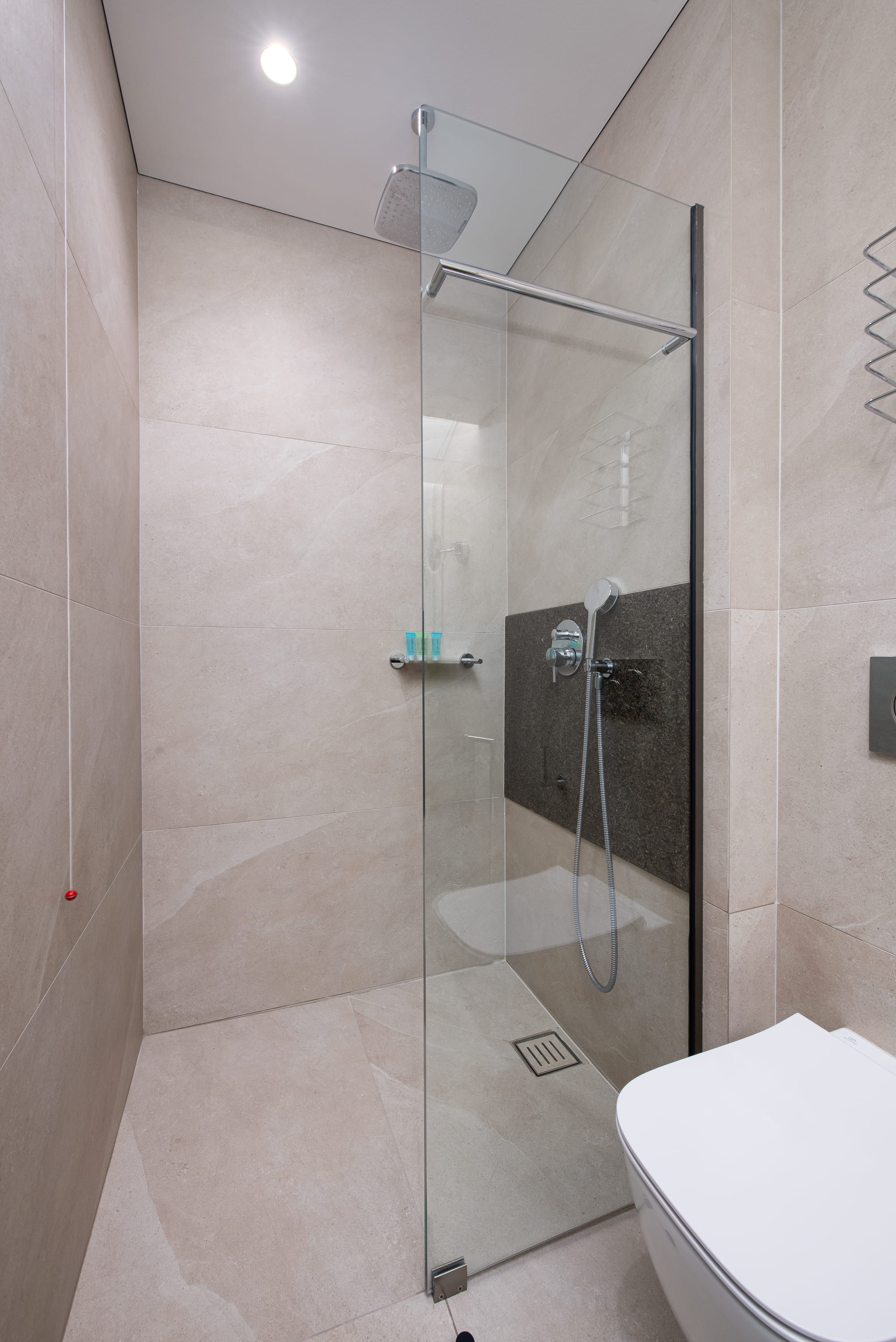 a shower with a glass door