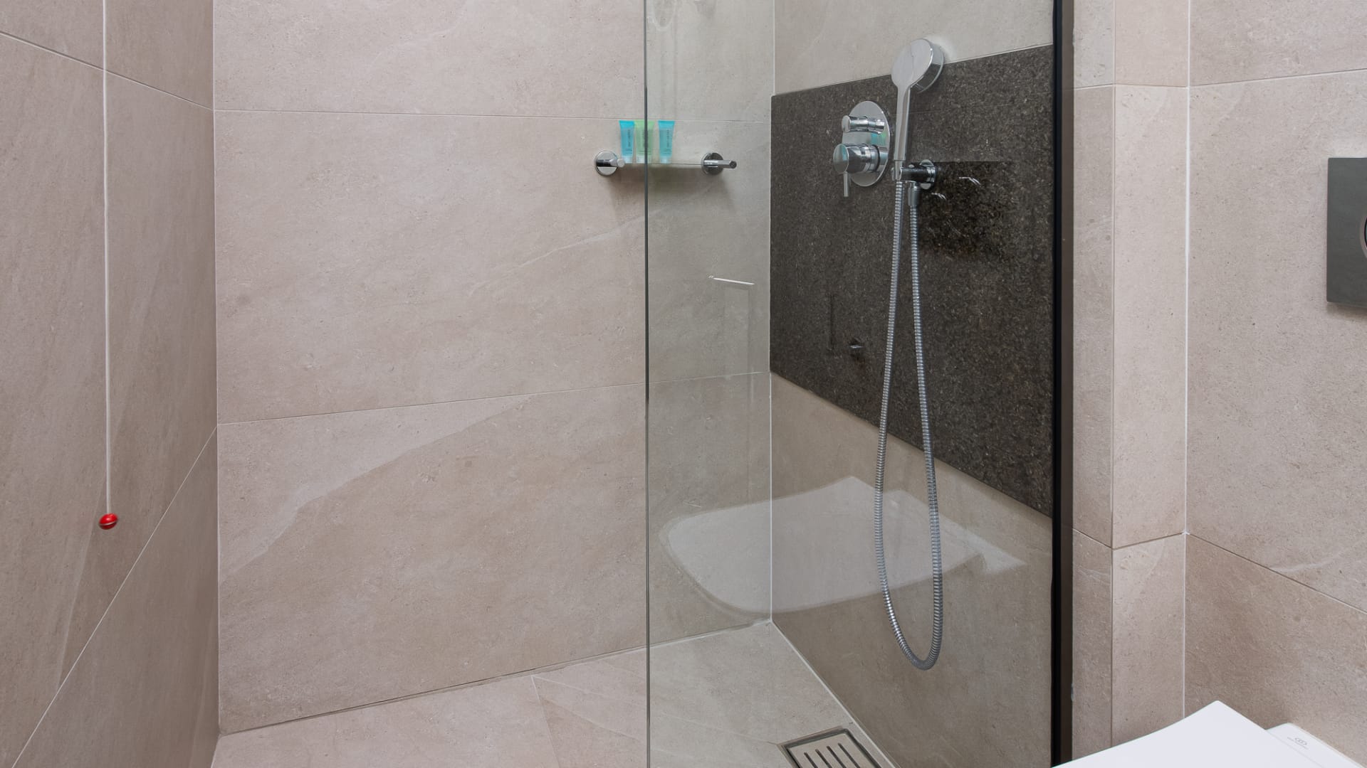 a shower with a glass door