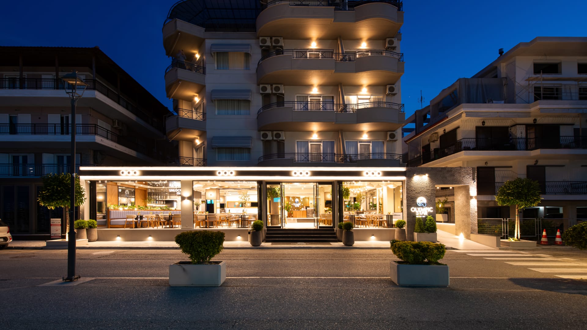 a building with lights on at night