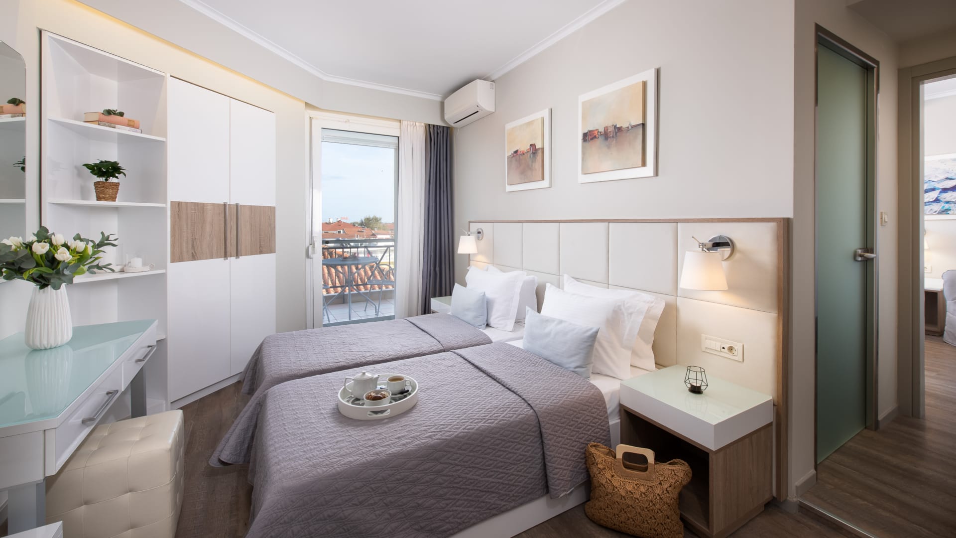 a bedroom with a bed and a shelf with a basket on it