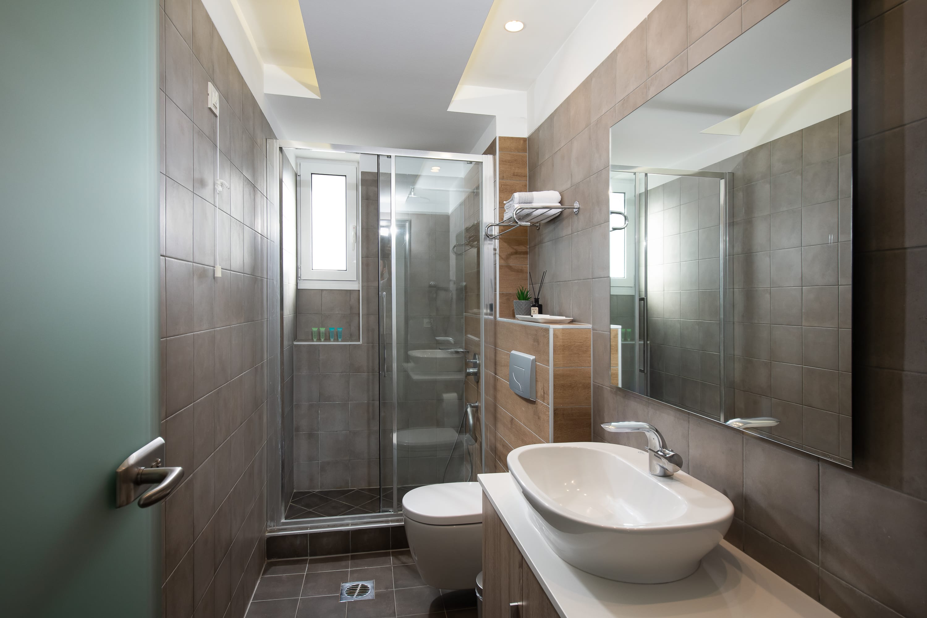 a bathroom with a glass shower