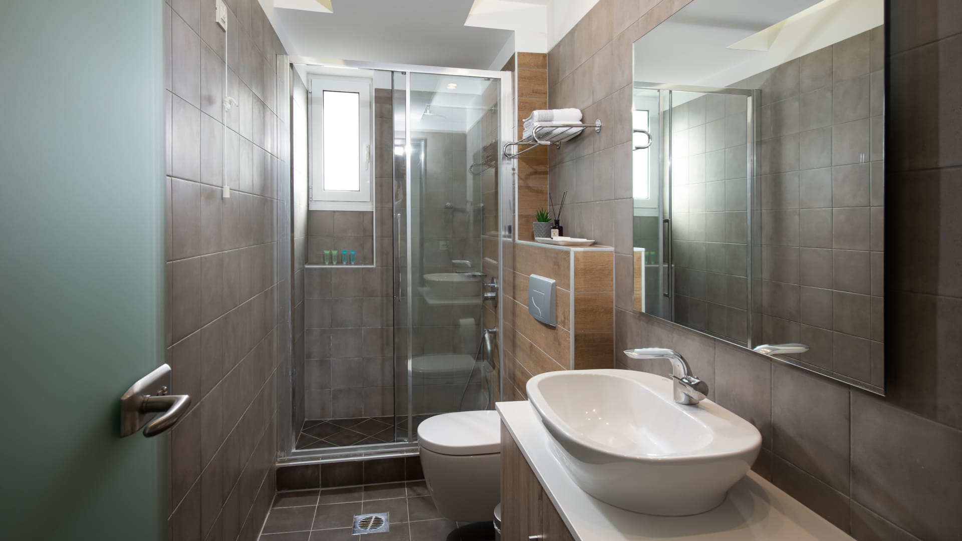 a bathroom with a glass shower