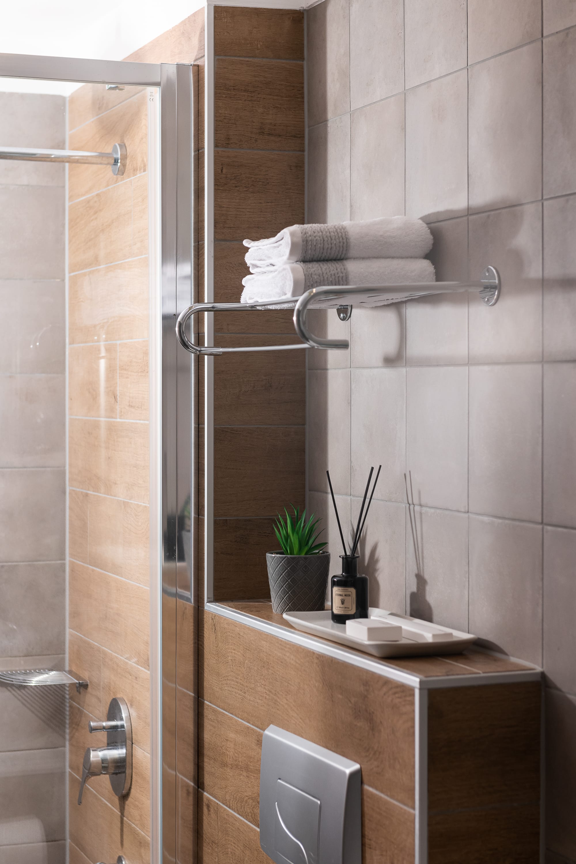 a bathroom with a glass shower