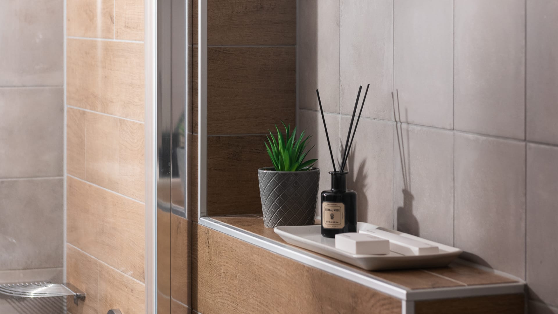 a bathroom with a glass shower
