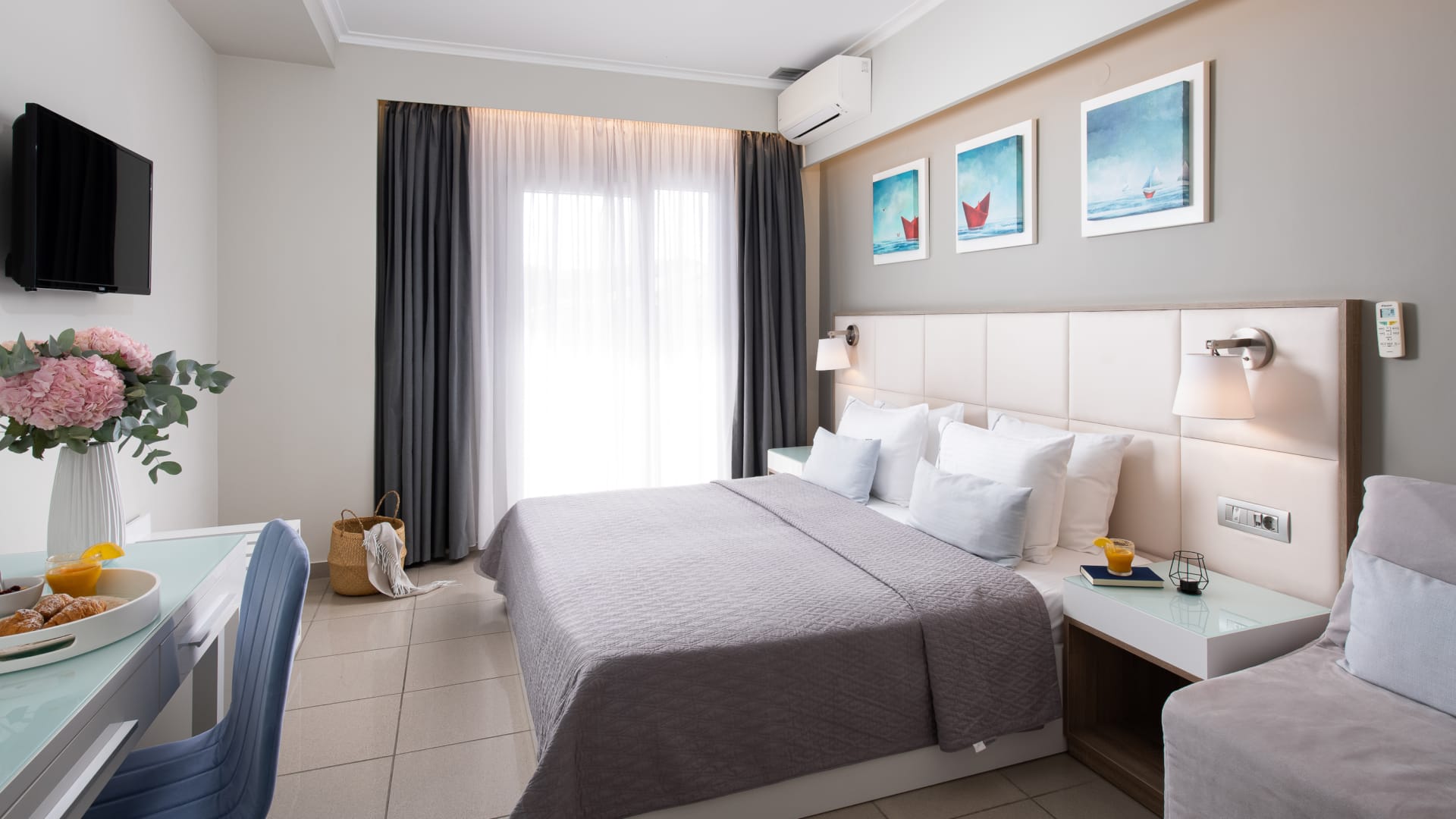 a room with a bed and a couch