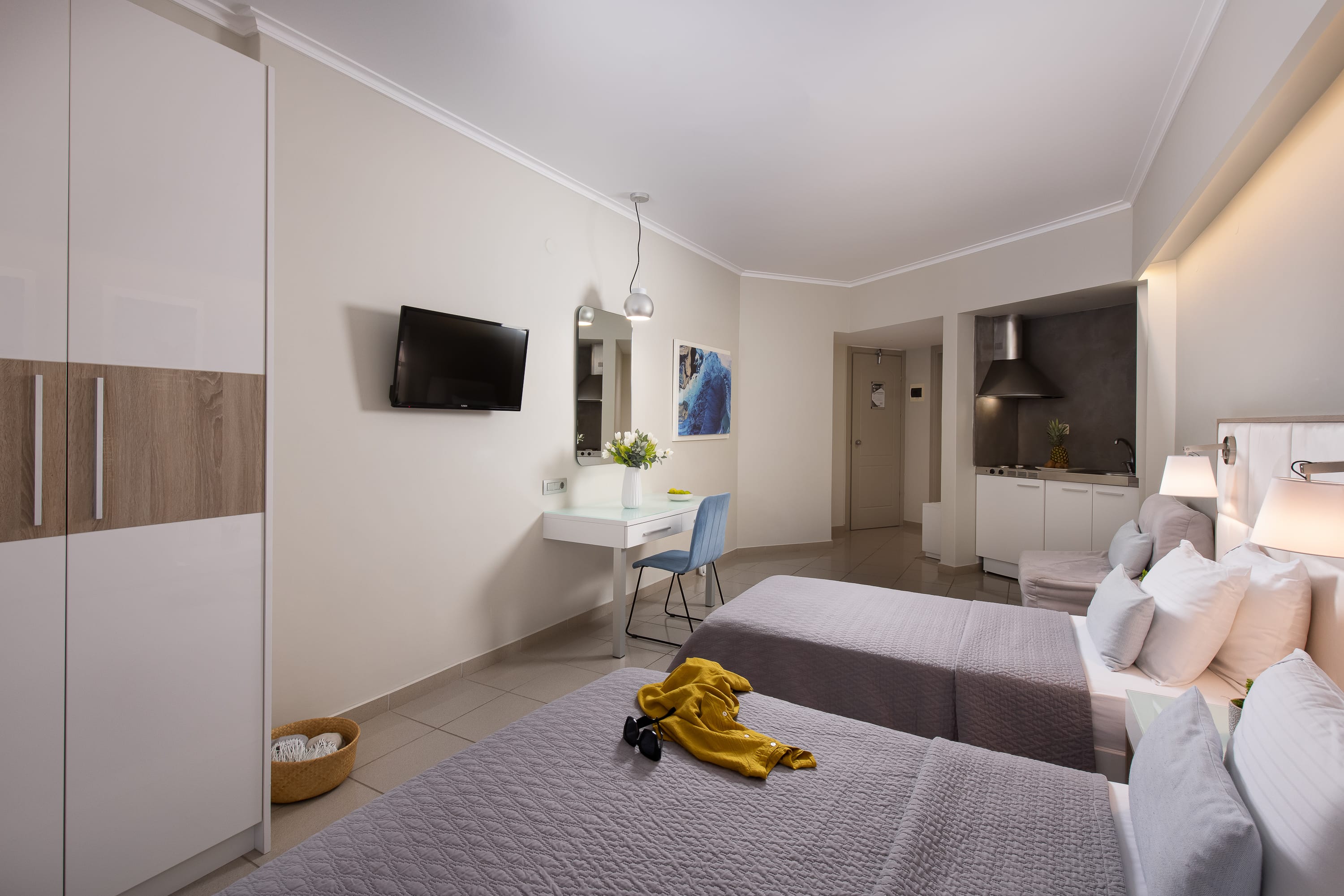 a living room with a couch and a table