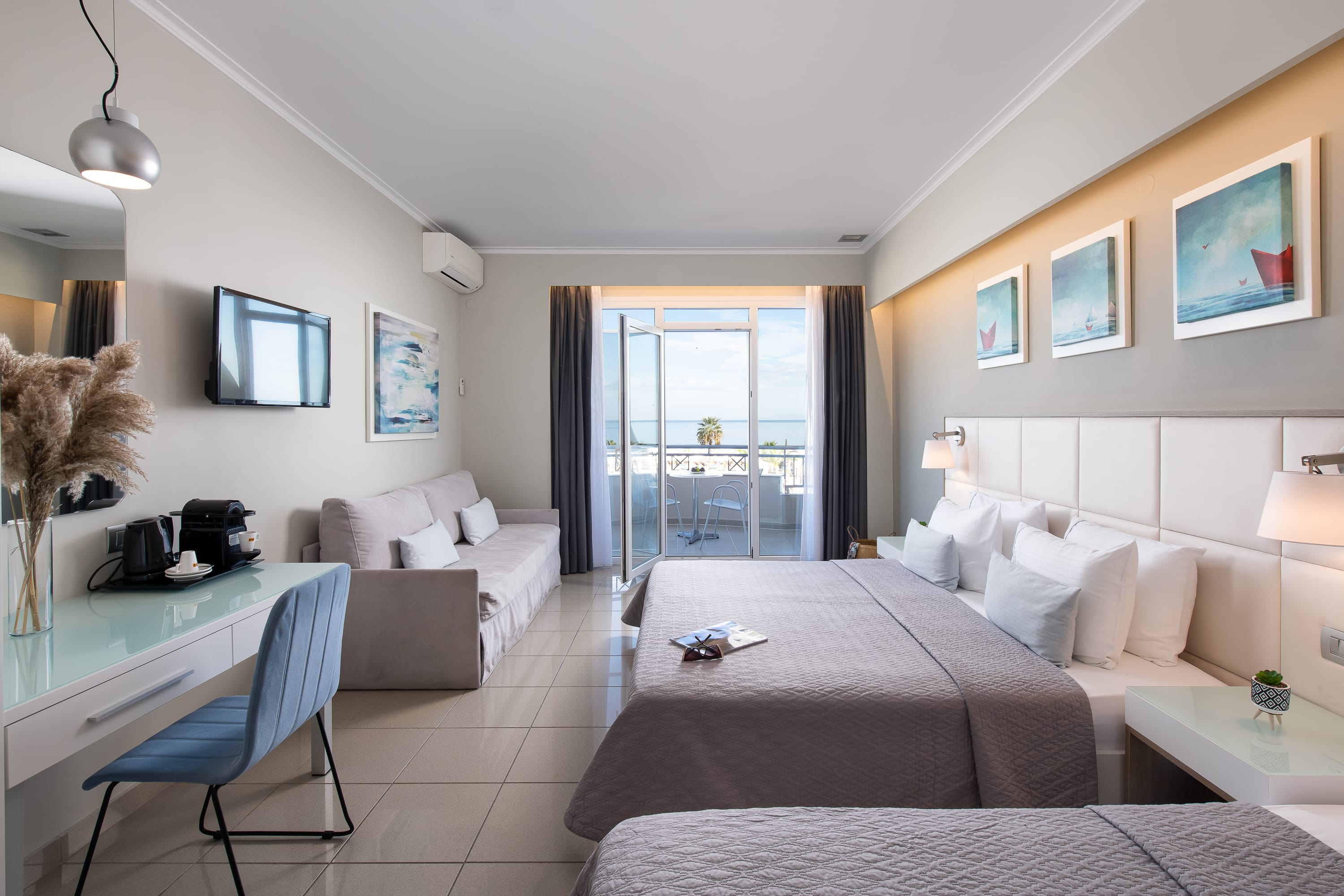 a living room with a couch and a table