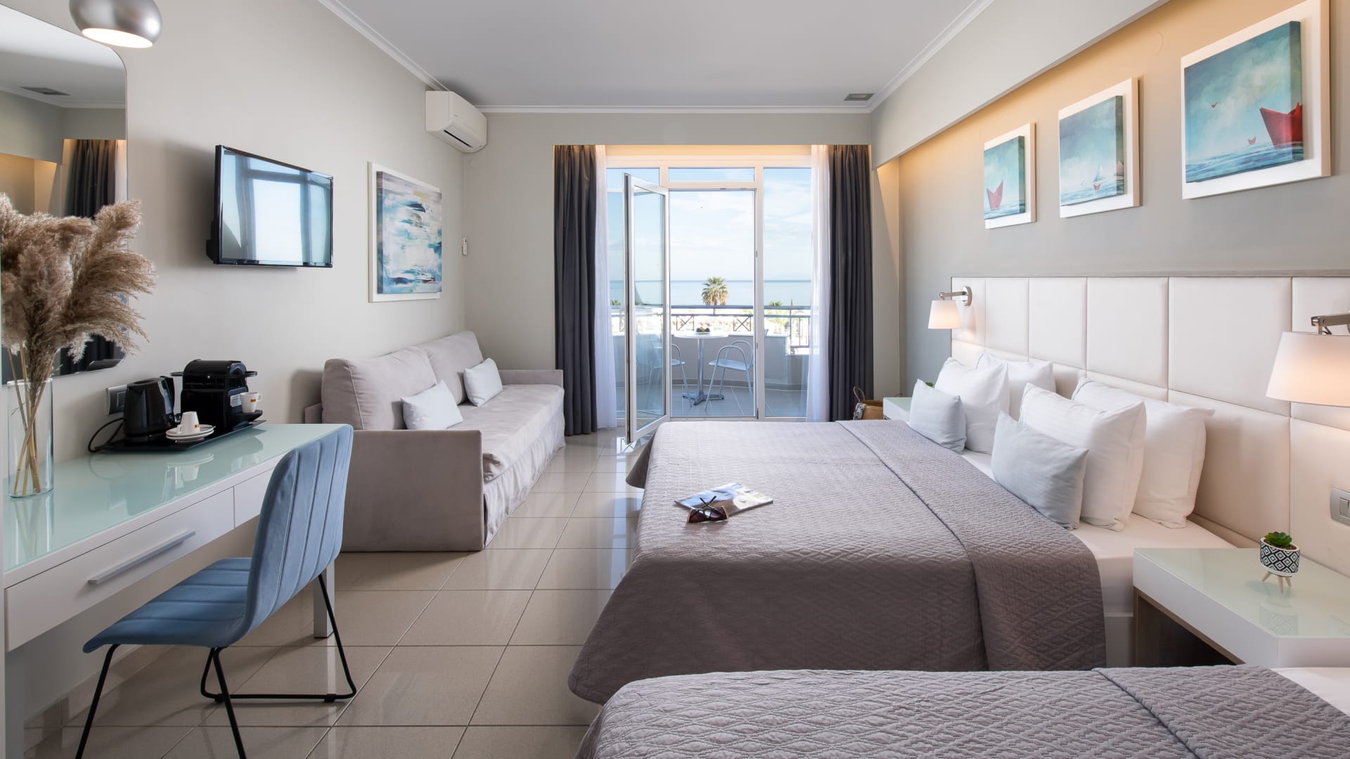 a living room with a couch and a table