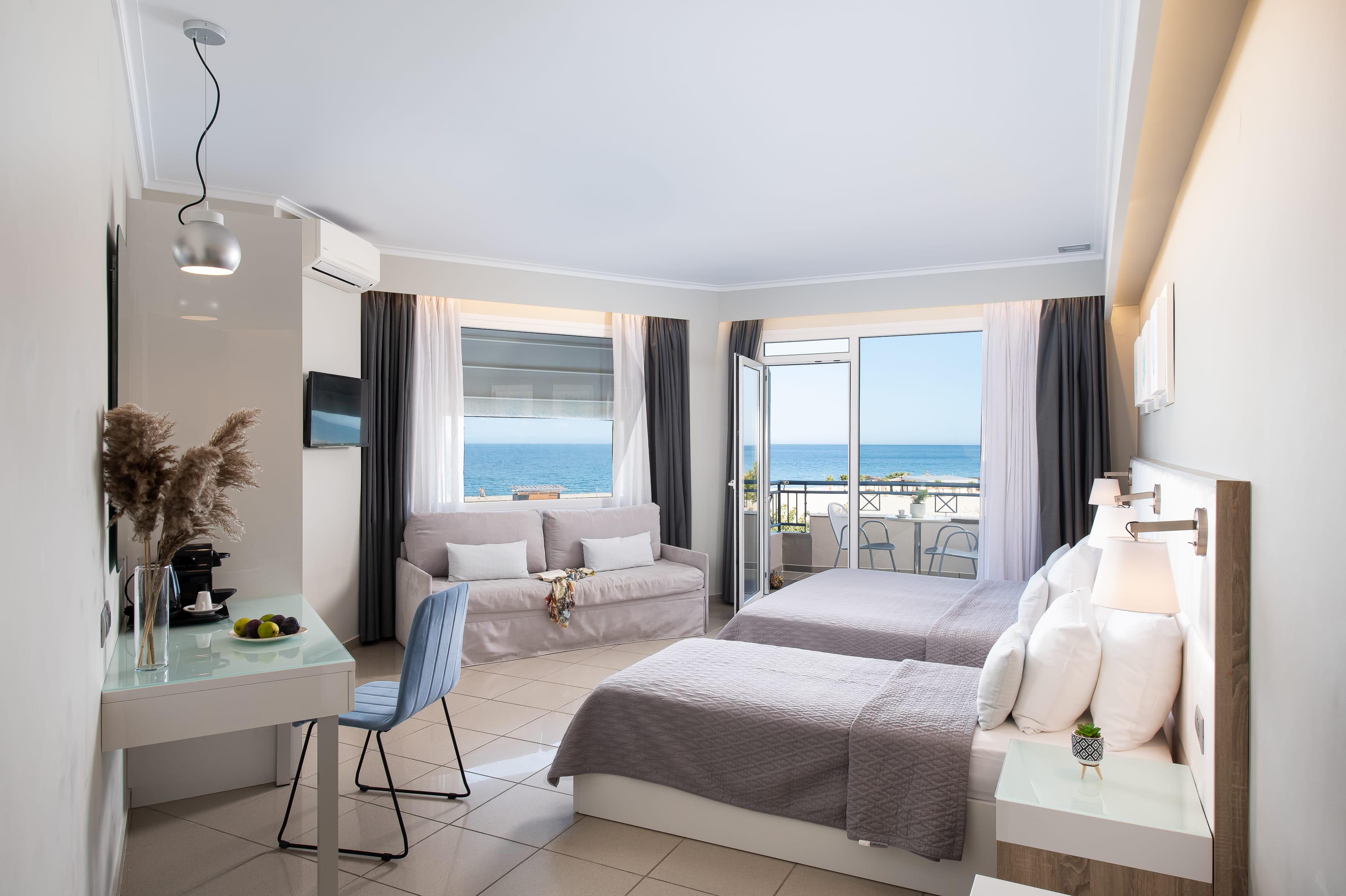 a bedroom with a large window