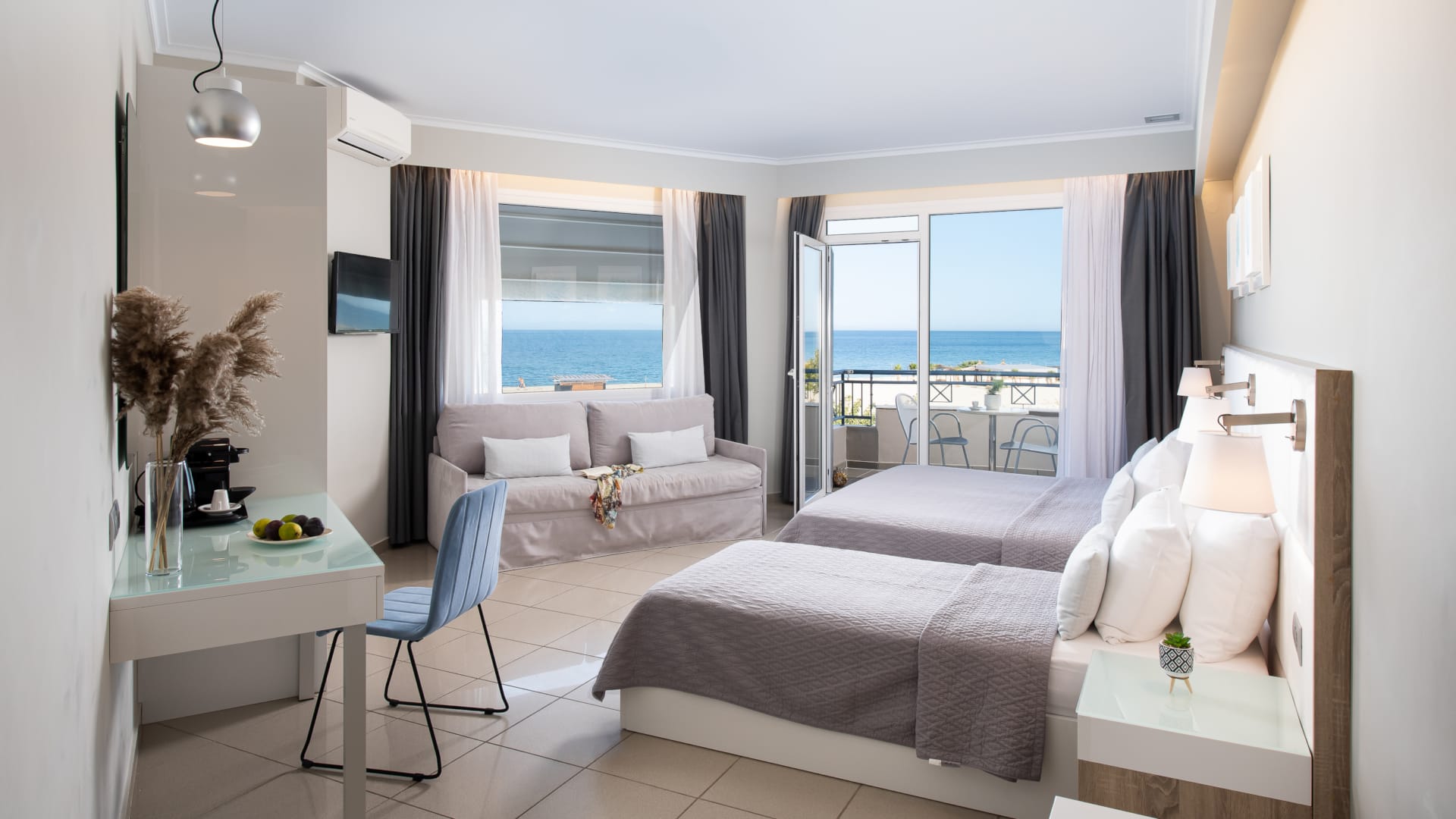 a bedroom with a large window