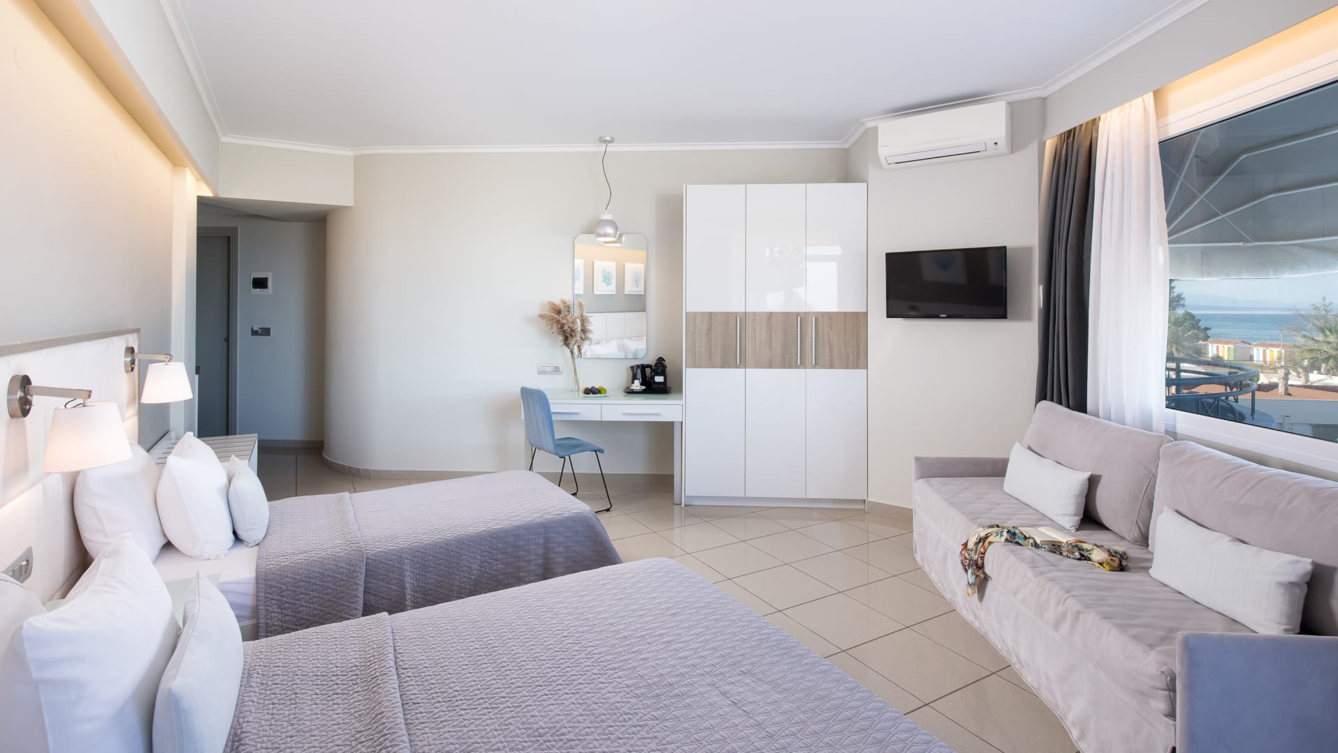 a living room with a couch and a table