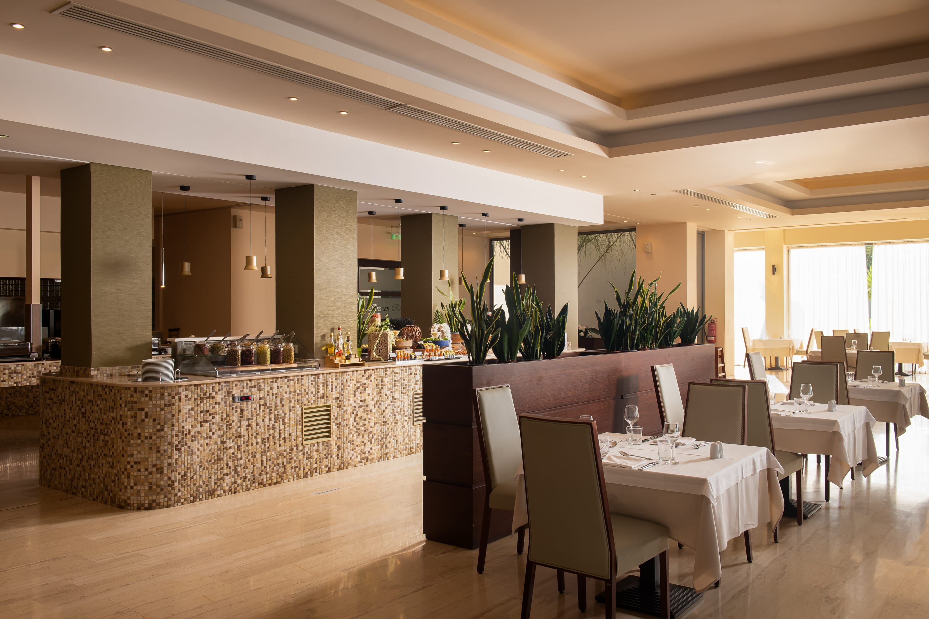 a room with tables and chairs