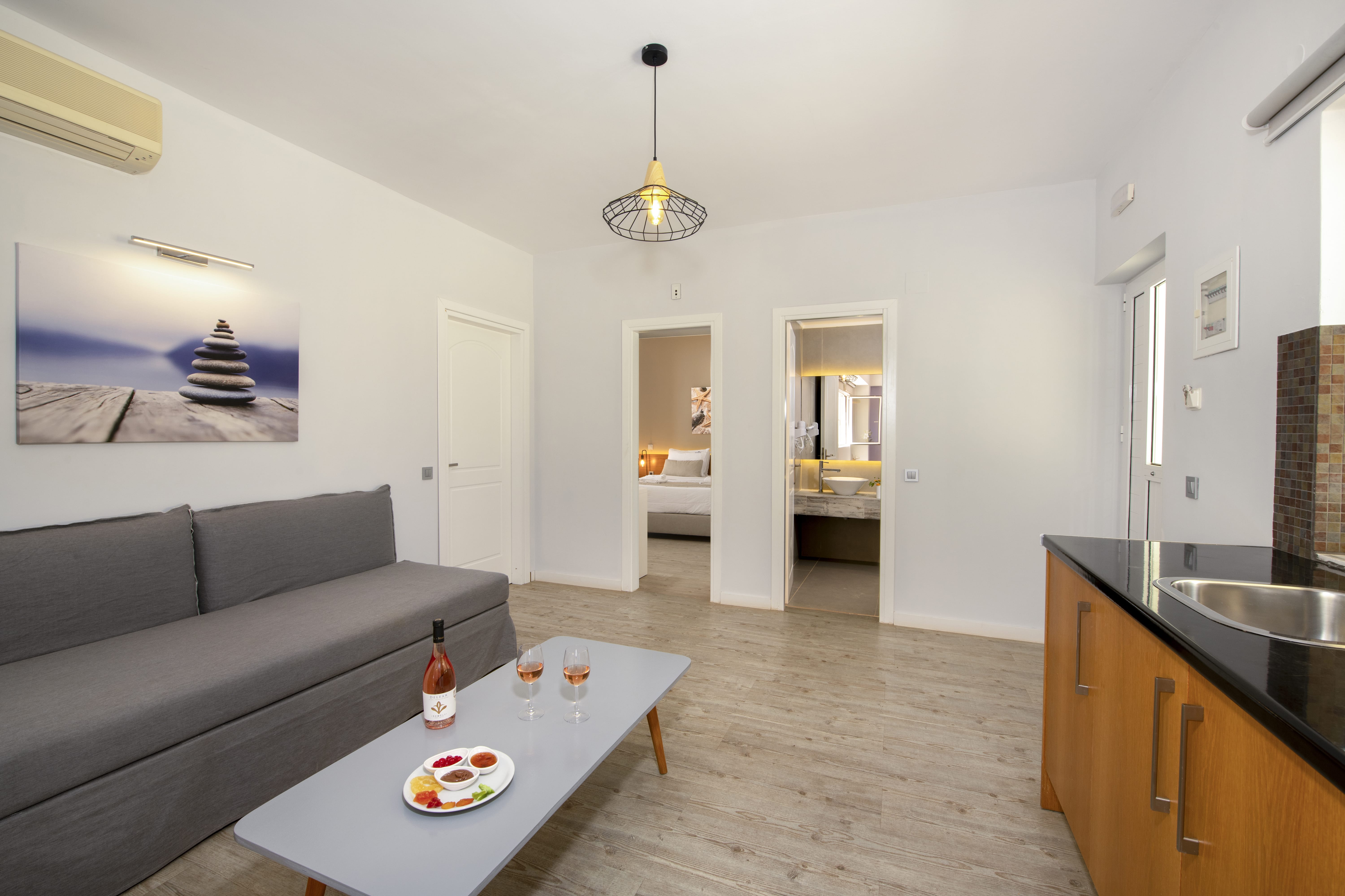 a living room with a couch and a table