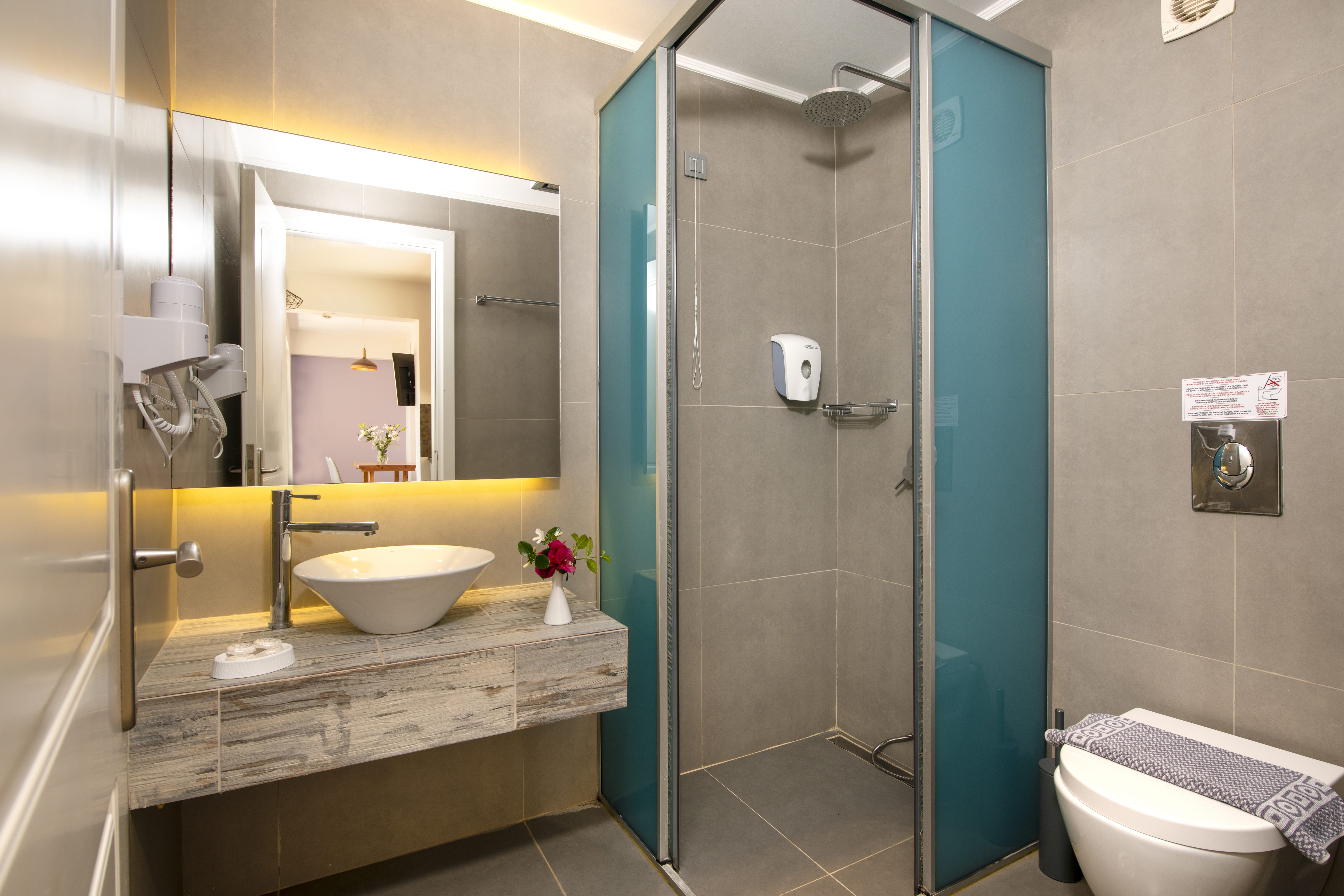 a bathroom with a glass shower