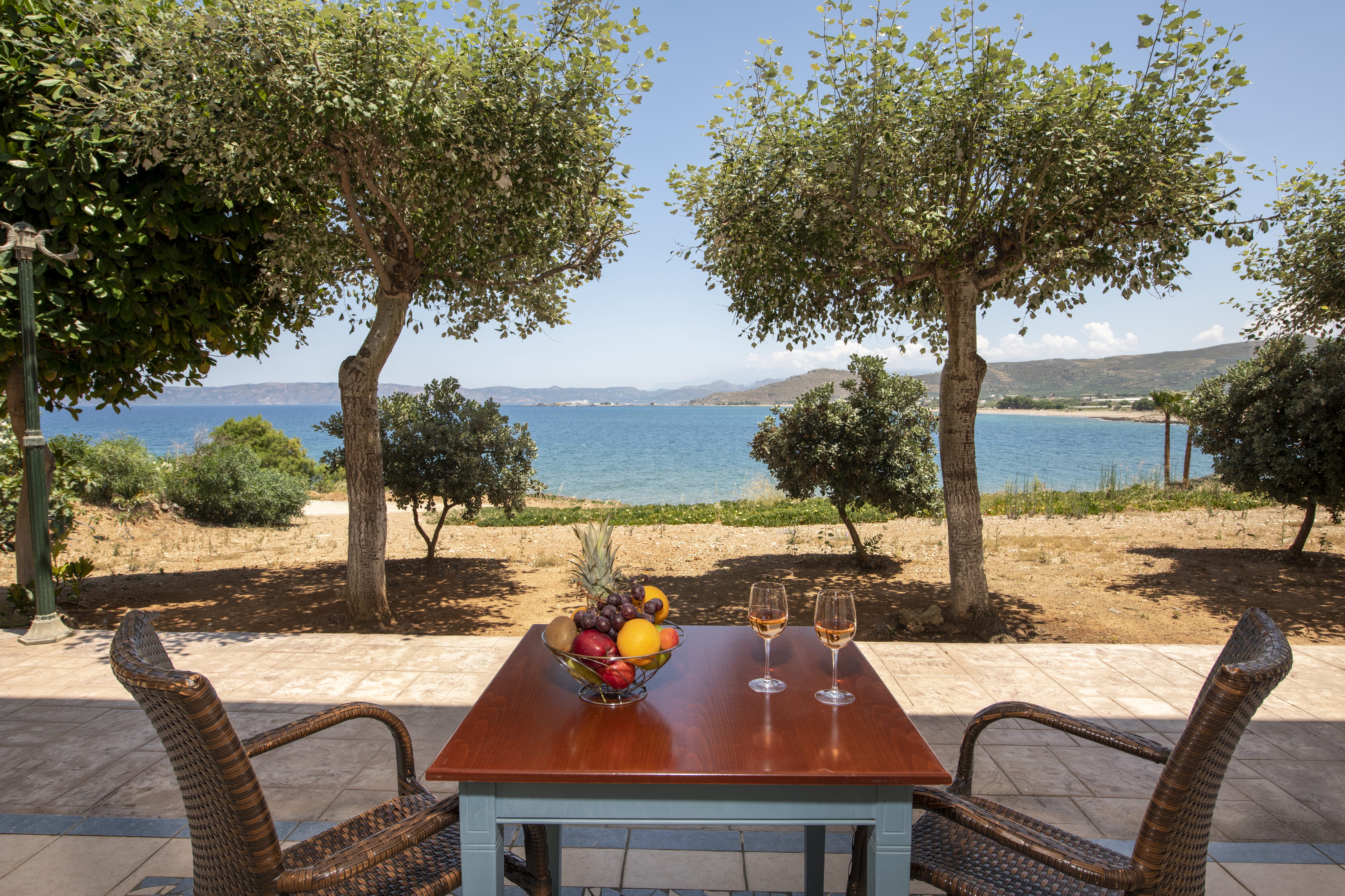 a table with a glass of wine and fruit on it by a beach