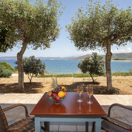 a table with a glass of wine and fruit on it by a beach