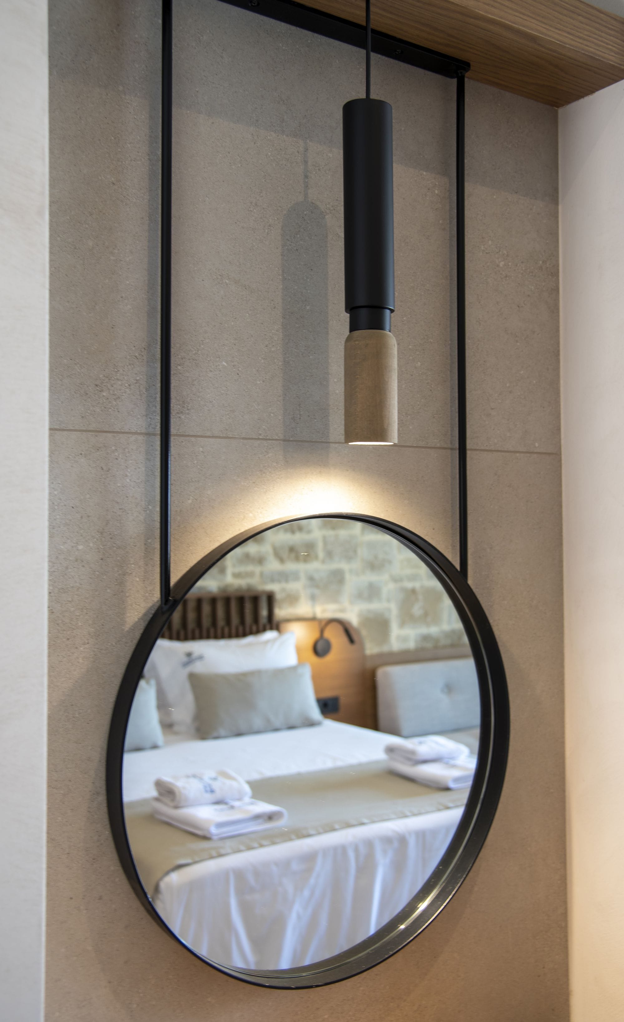 a bathroom with a large mirror