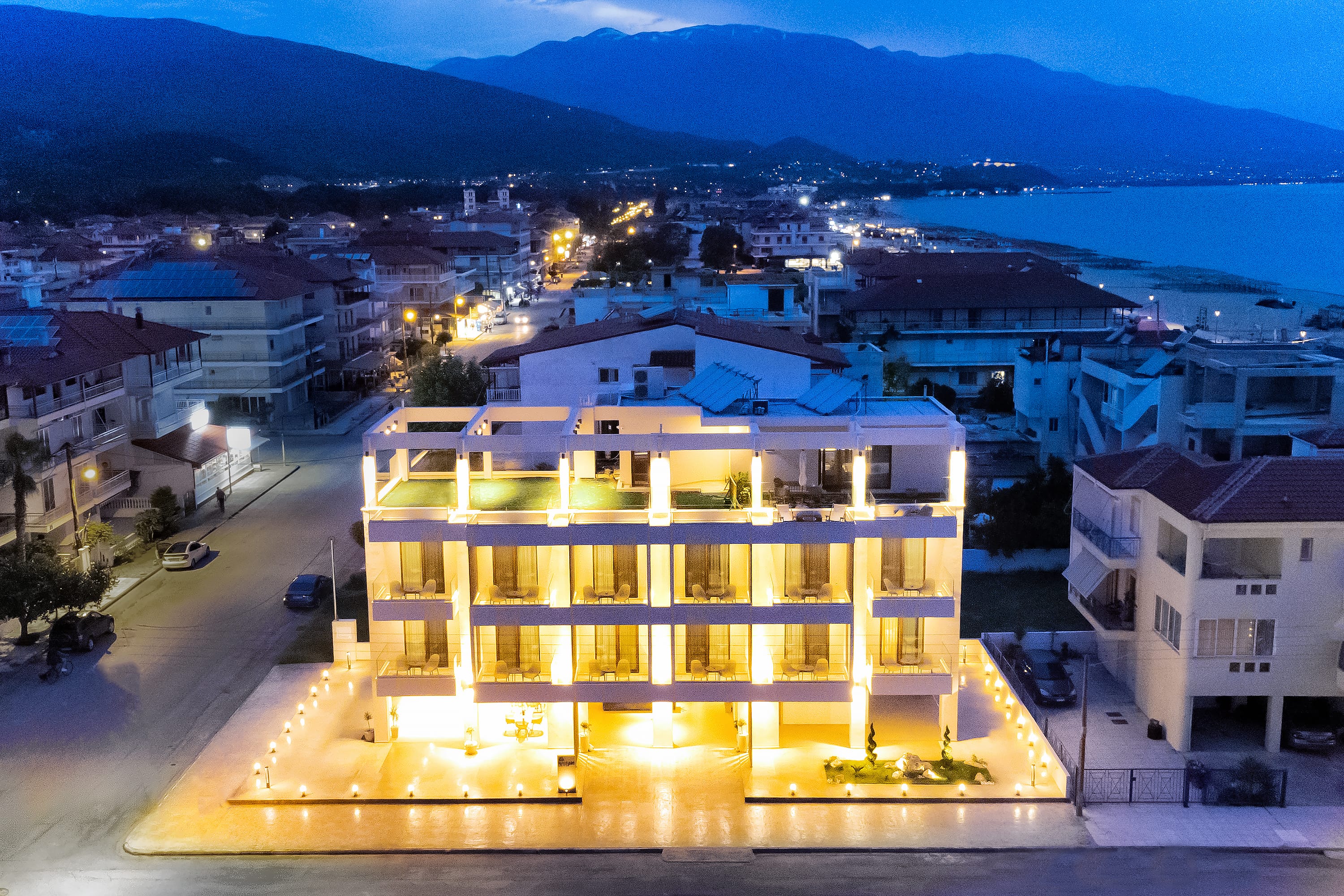 a building with lights on at night