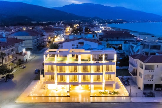 a building with lights on at night