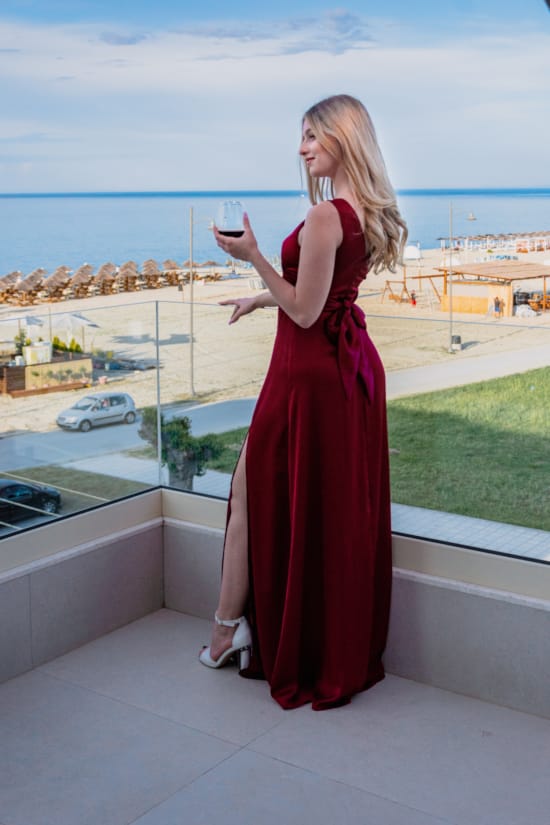 a woman in a red dress