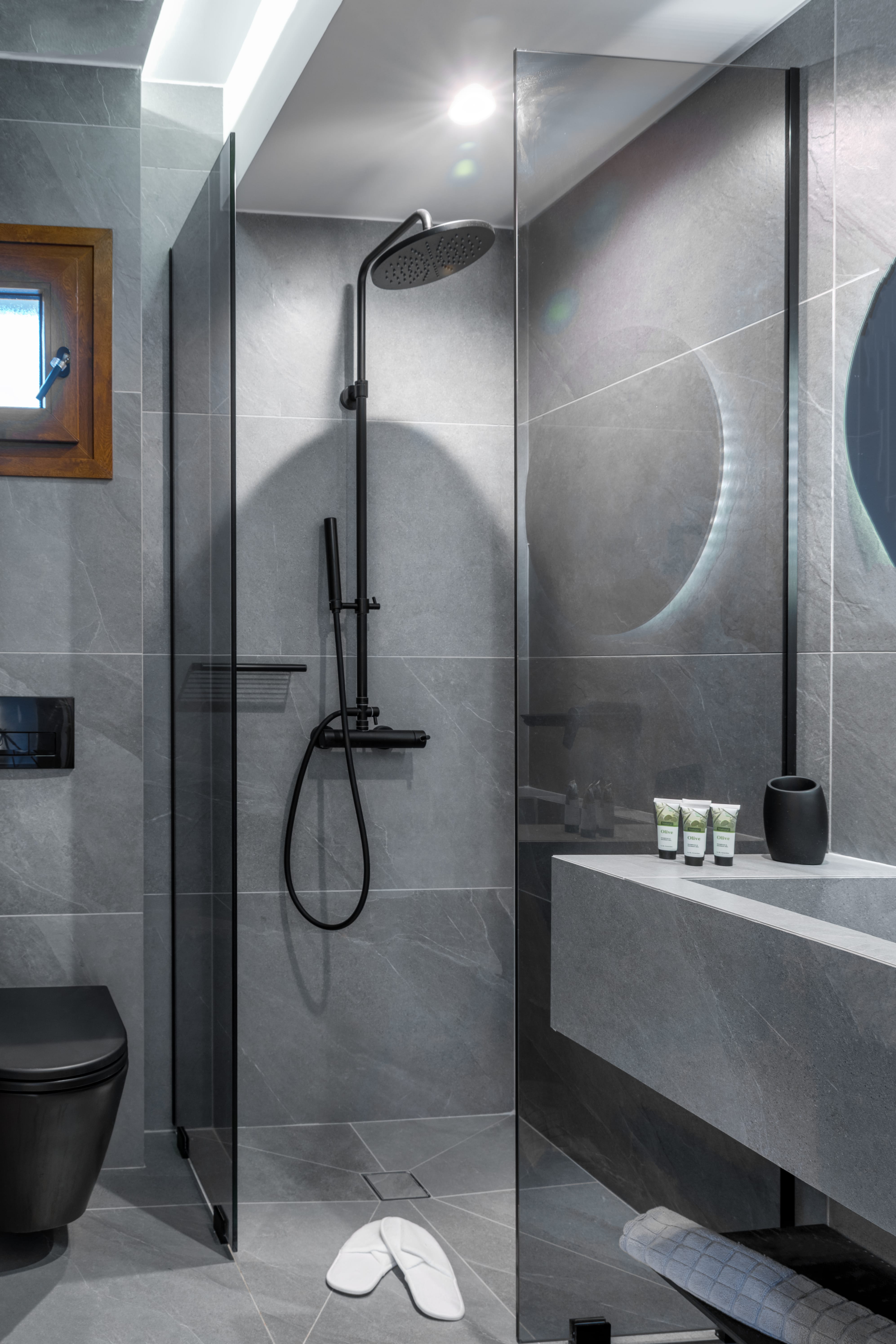 a shower with a glass door