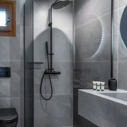 a shower with a glass door