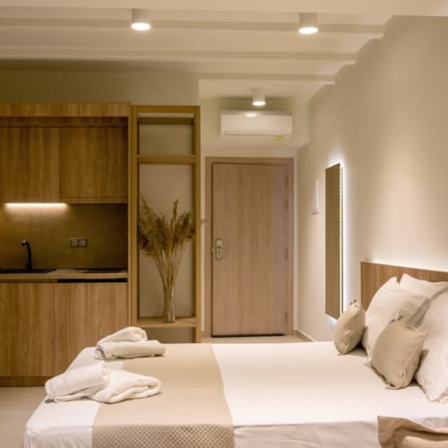 a hotel room with a bed and a plant