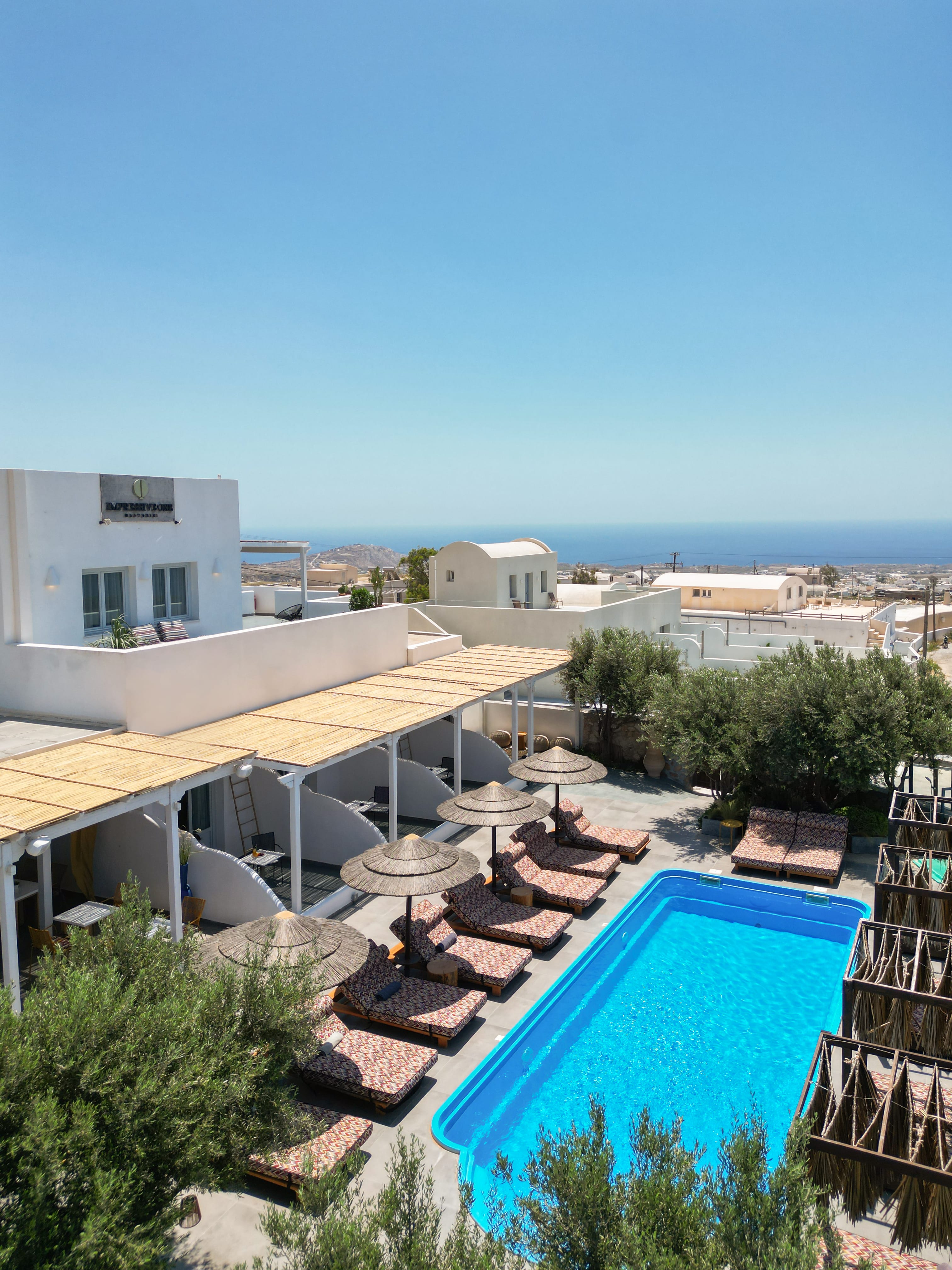 a pool and some buildings