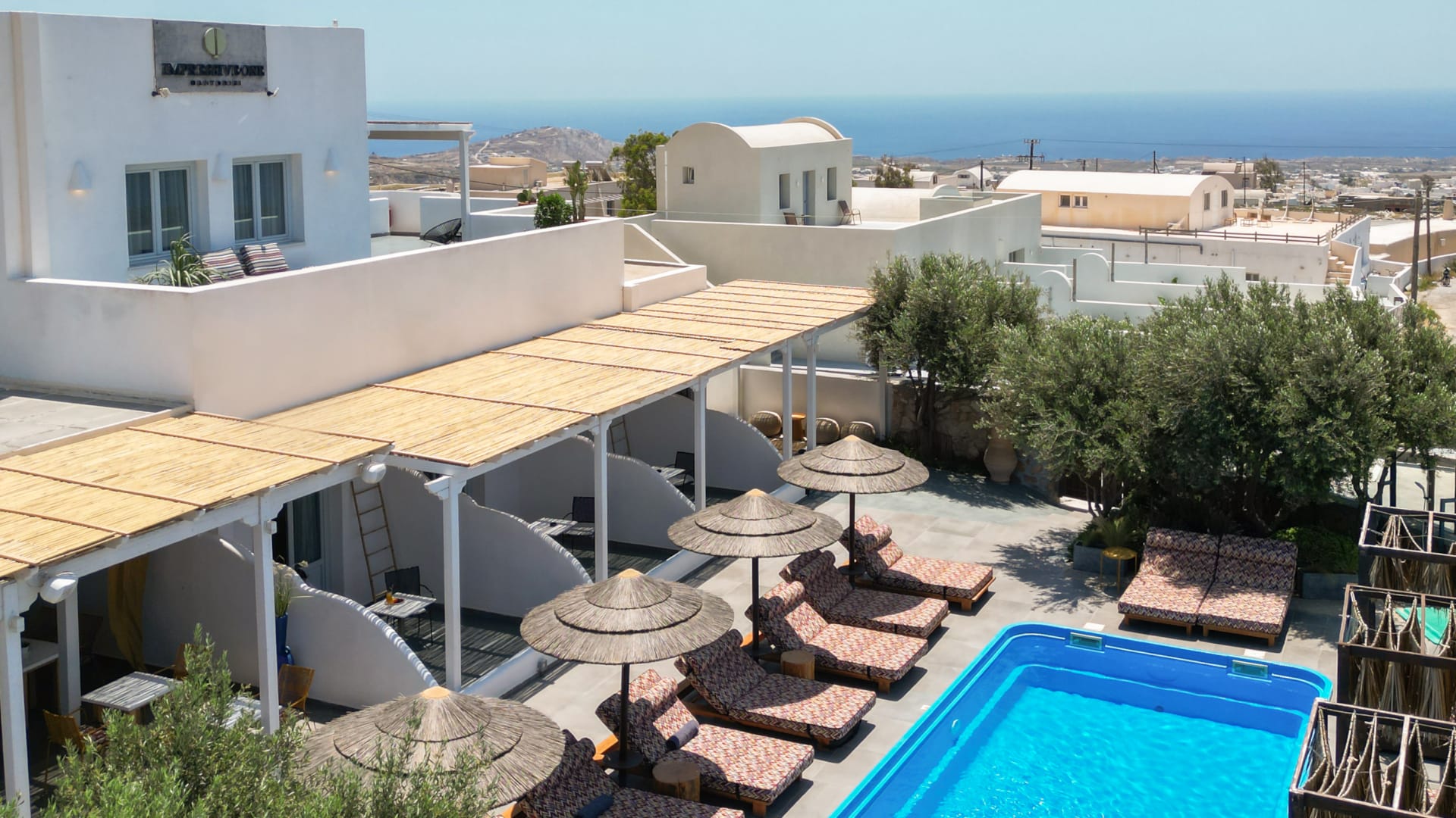 a pool and some buildings