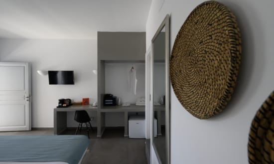 a room with a desk and a chair